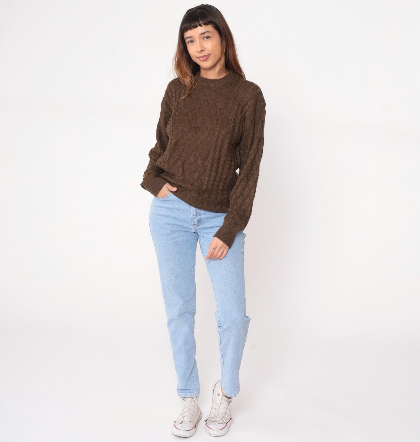 90s Wei Wah Brown Cable Knit Crewneck Pullover Sweater Large L