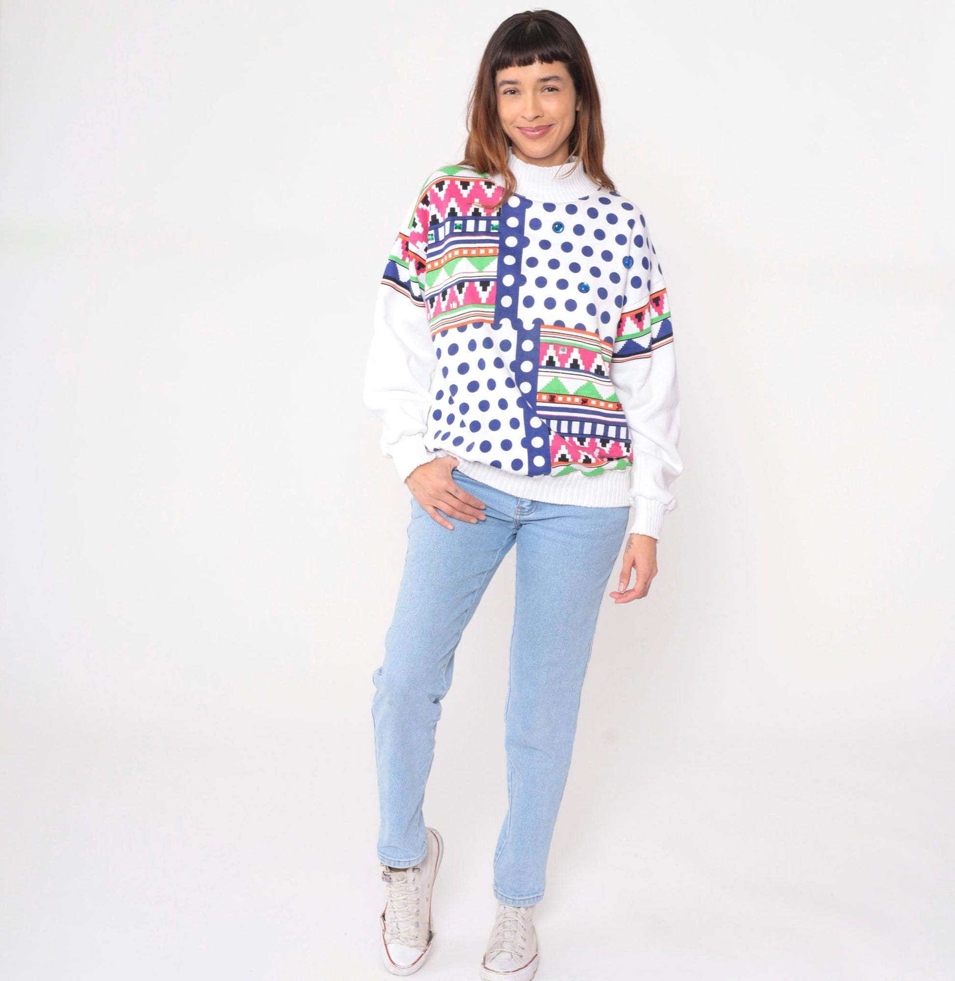 90s Architect Geometric Sweatshirt White Multicolor Tribal Print Medium M