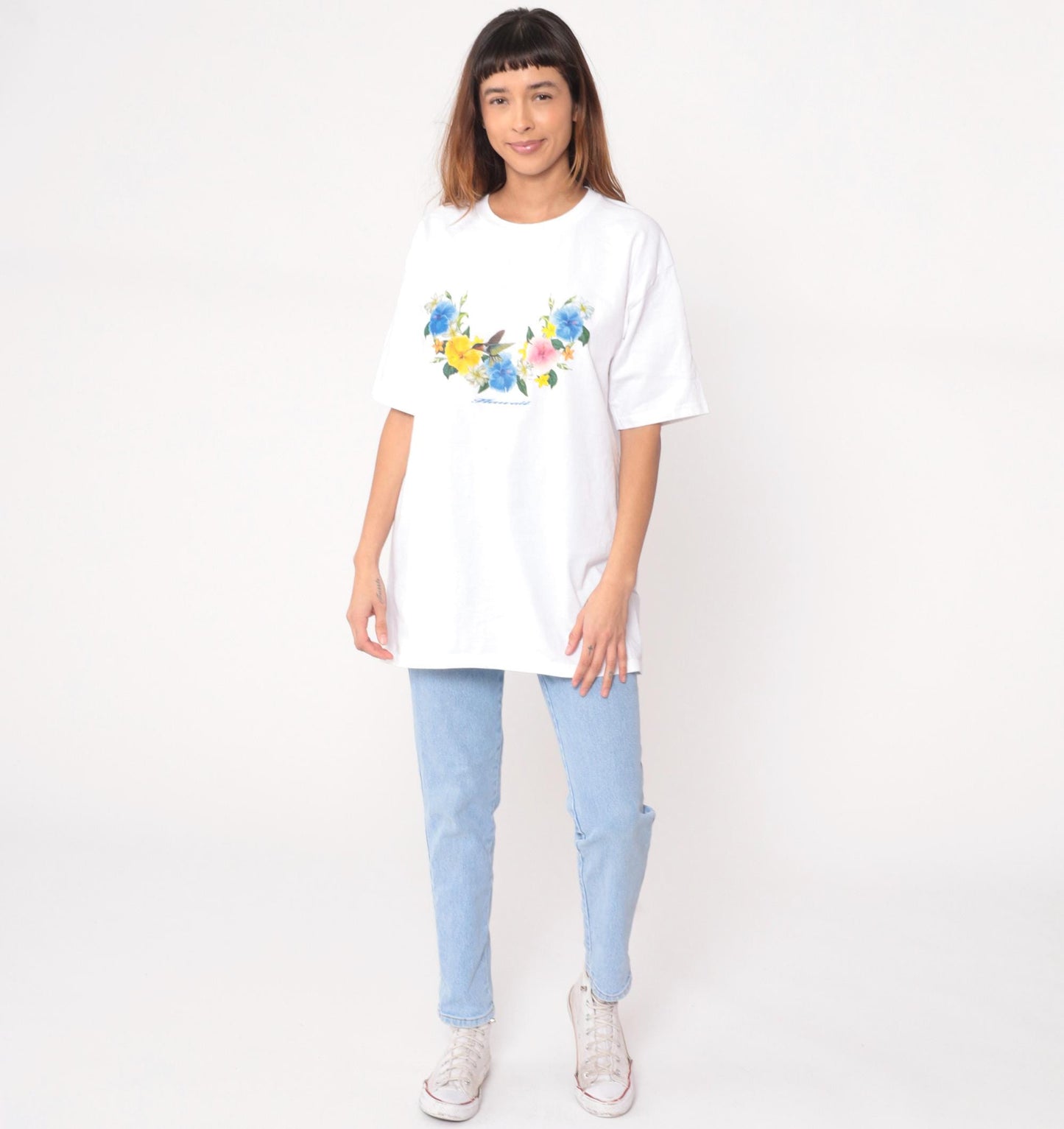 Y2K Wrangler Hawaiian Floral Graphic Tee White Cotton Hummingbird Large L