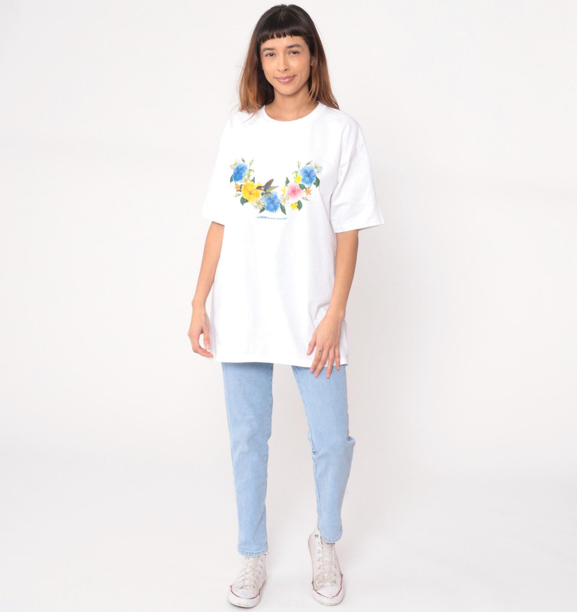 Y2K Wrangler Hawaiian Floral Graphic Tee White Cotton Hummingbird Large L
