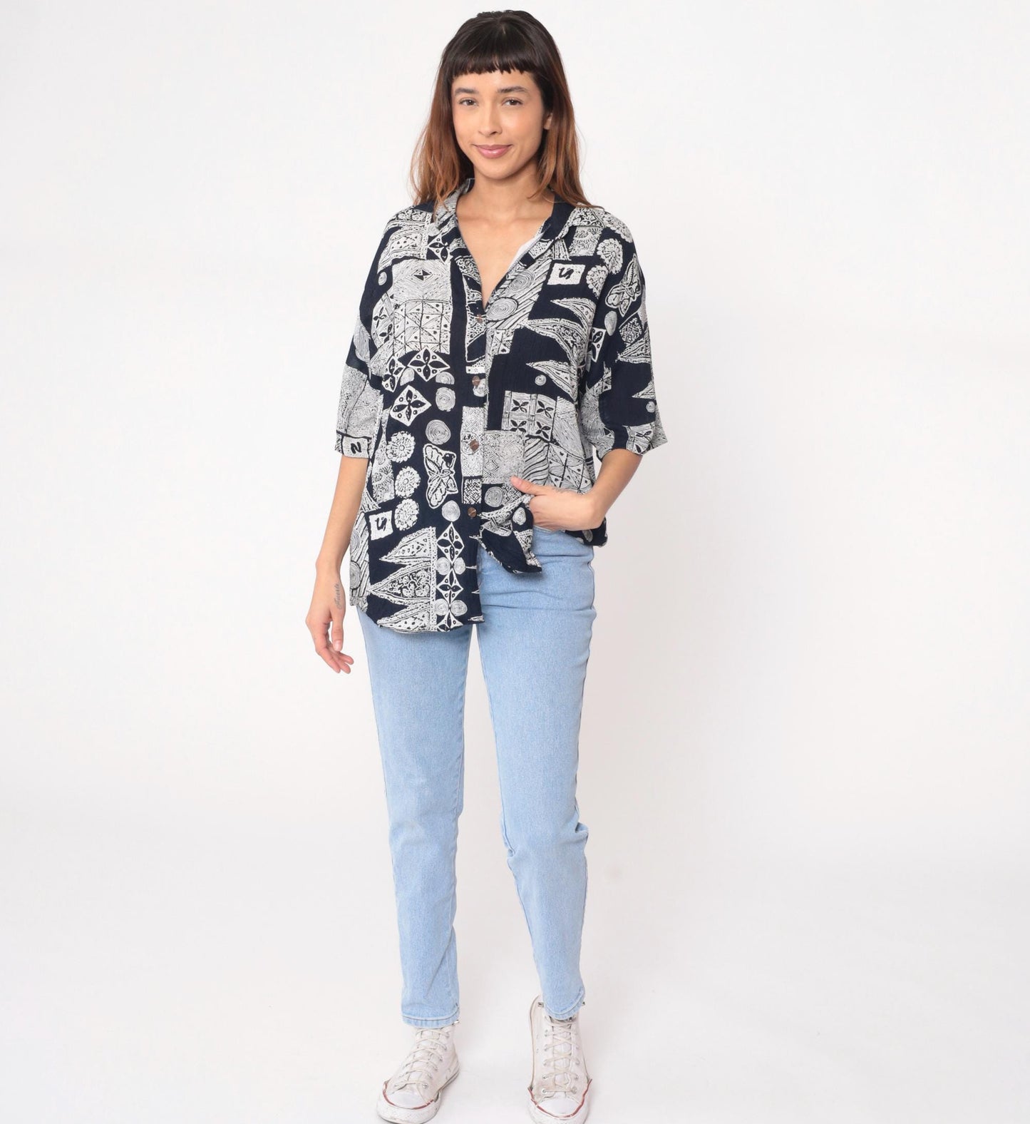 90s Michele Leslie Geometric Abstract Button Shirt Black White Rayon Large L
