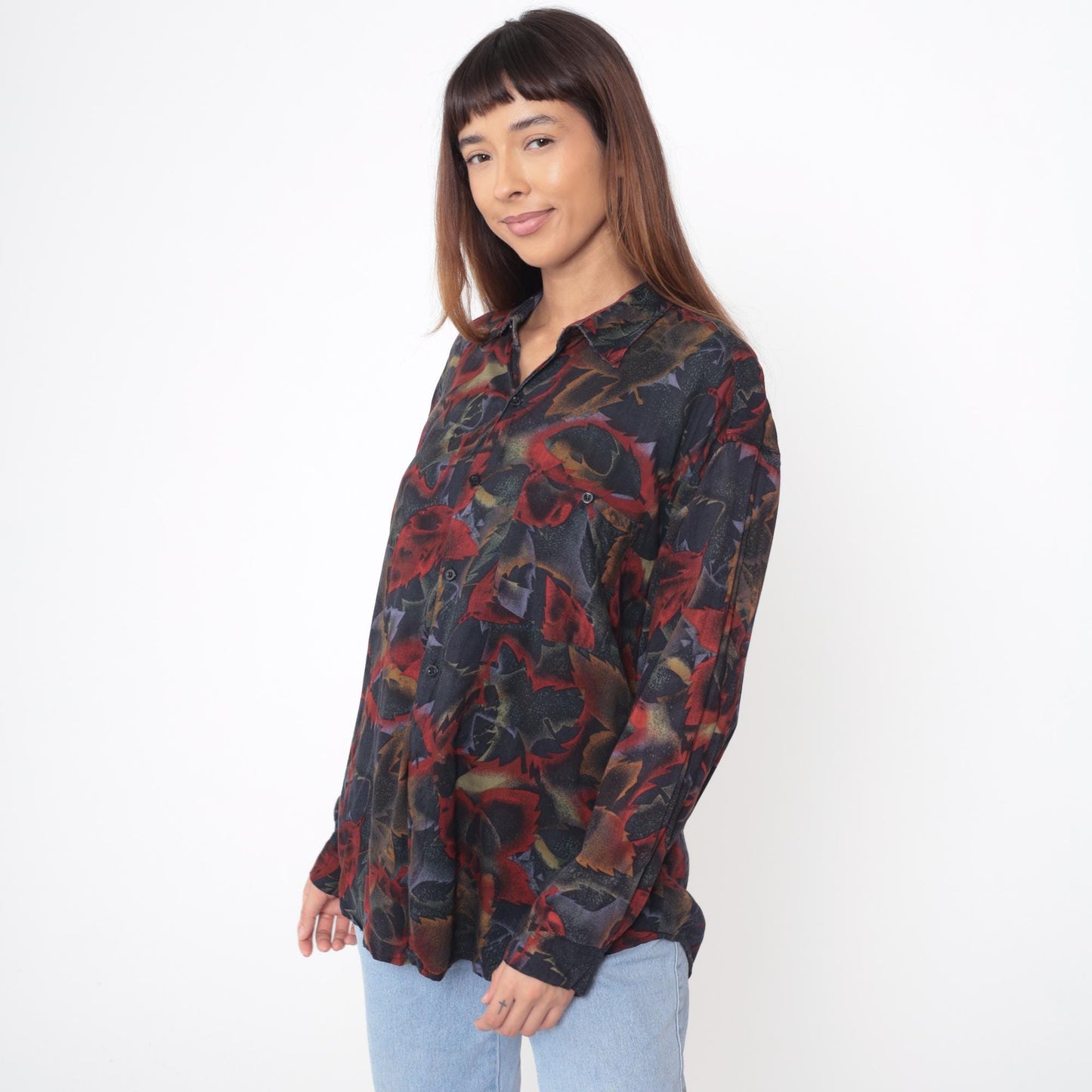 90s Jazzman Sportswear Leaf Print Button-Up Blouse Long Sleeve Multicolor Extra Large XXL