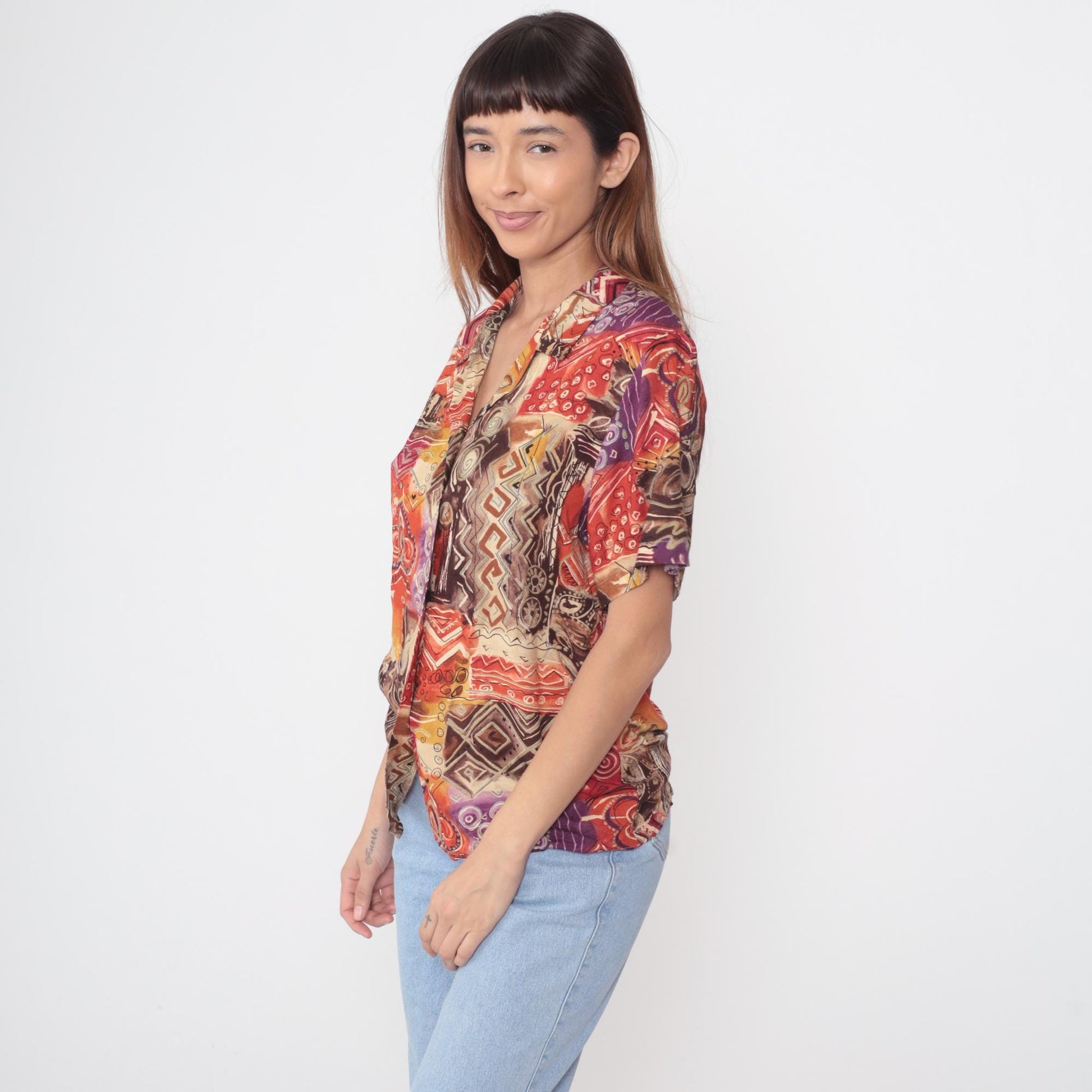 90s Sag Harbor Abstract Geometric Print Shirt Multicolor Collared Medium M