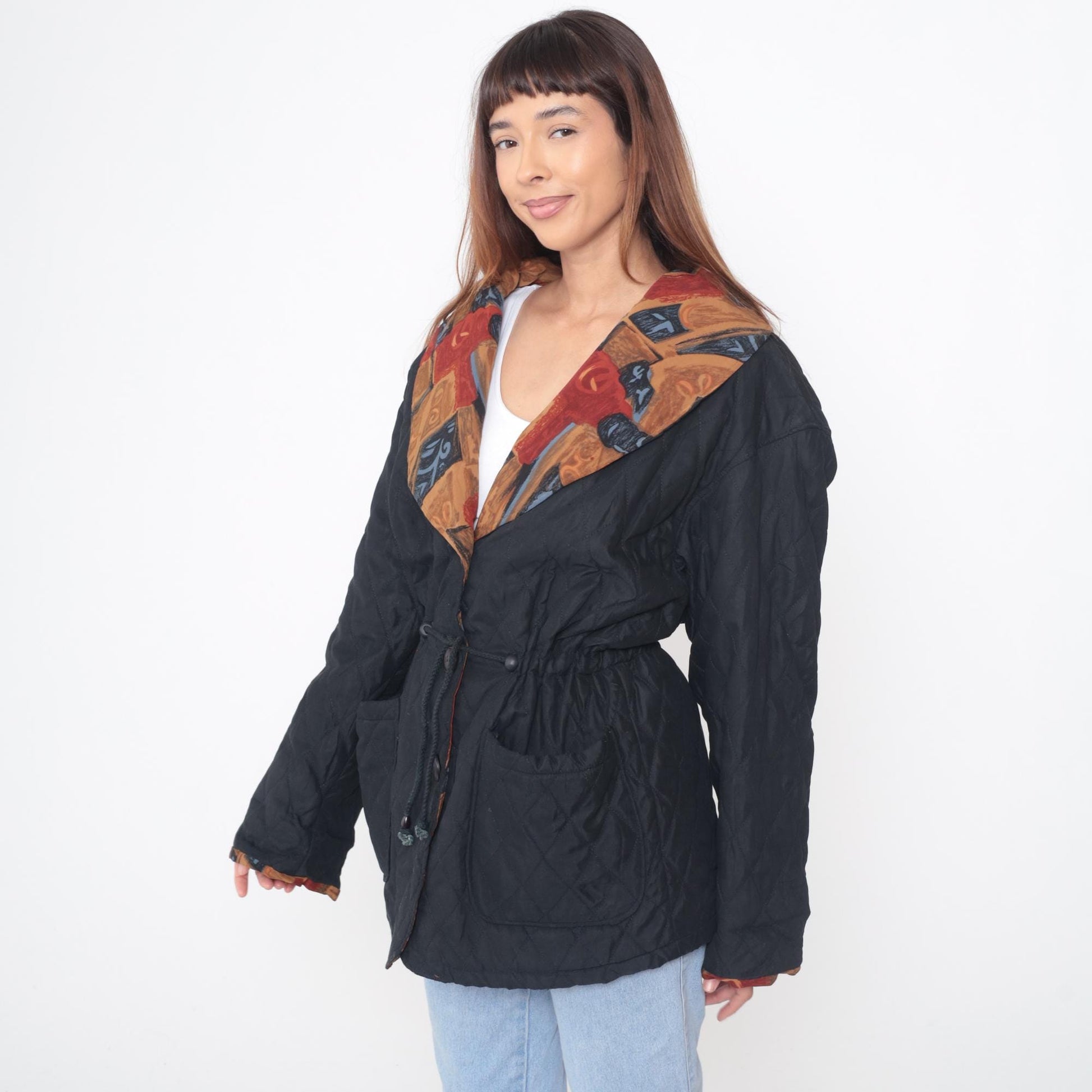 90s Quilted Jacket Black Button Front Geometric Print Collar Lining Large