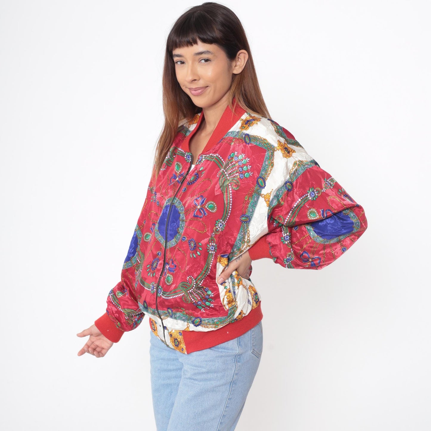90s Red Bomber Jacket Medallion Paisley Print Windbreaker Large L