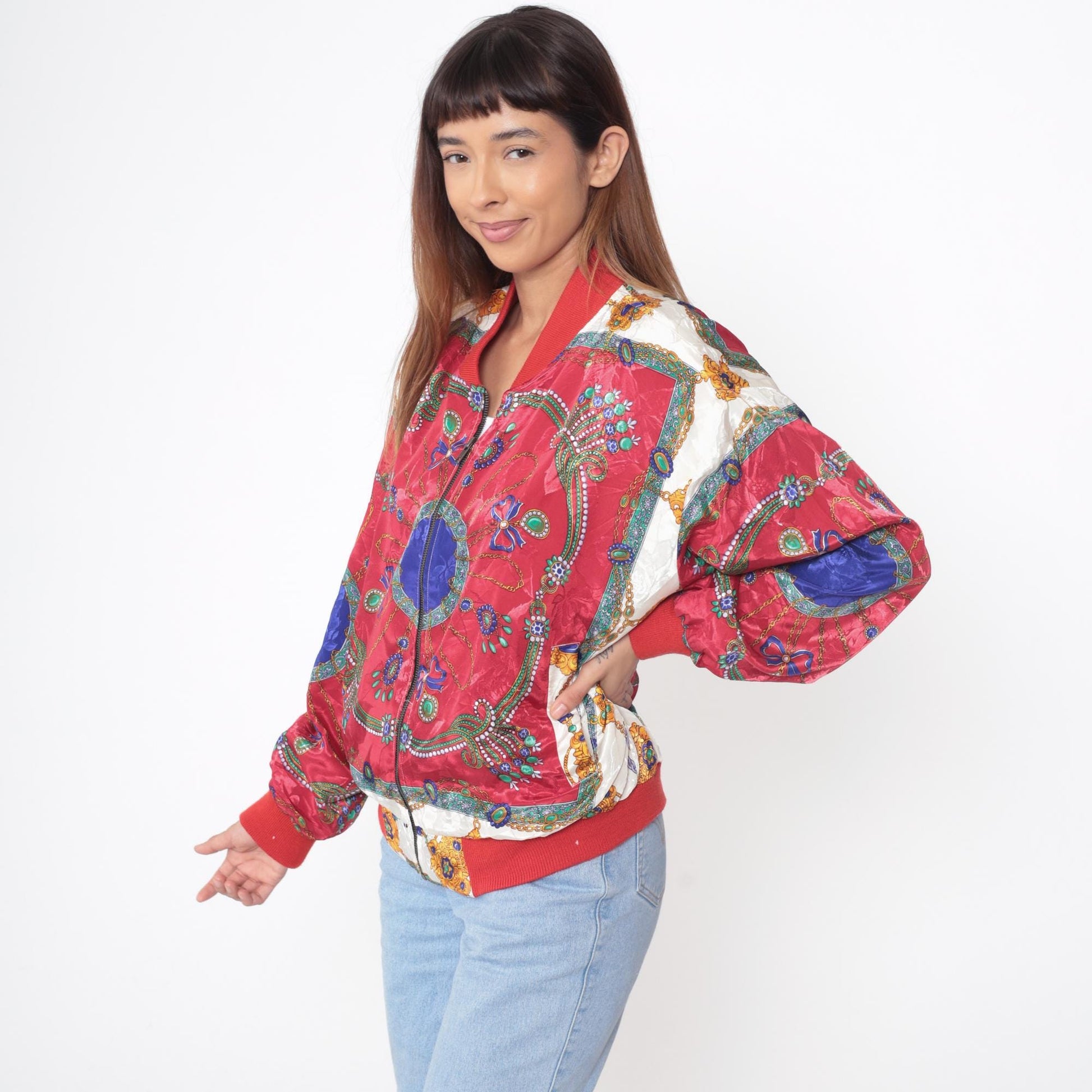 90s Red Bomber Jacket Medallion Paisley Print Windbreaker Large L