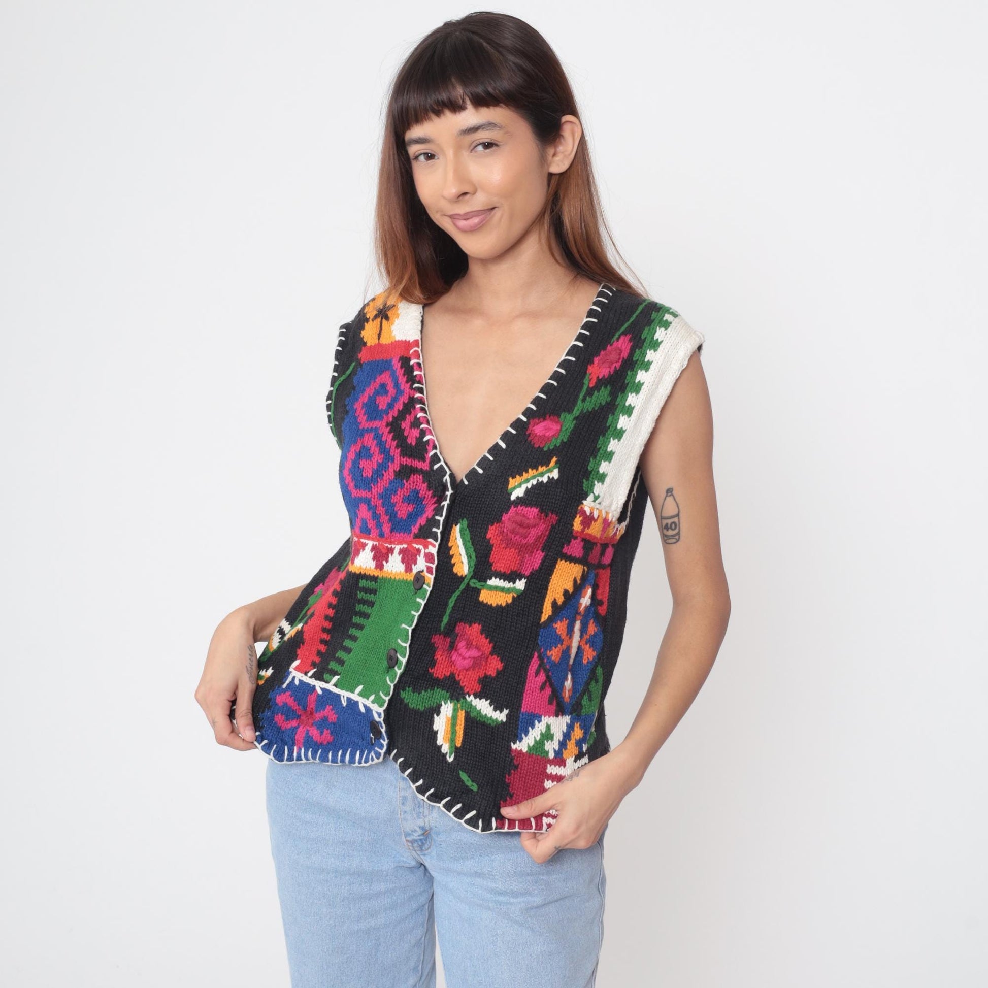 90s Pendleton Patchwork Vest Multicolor Geometric Floral Deep V-Neck Small