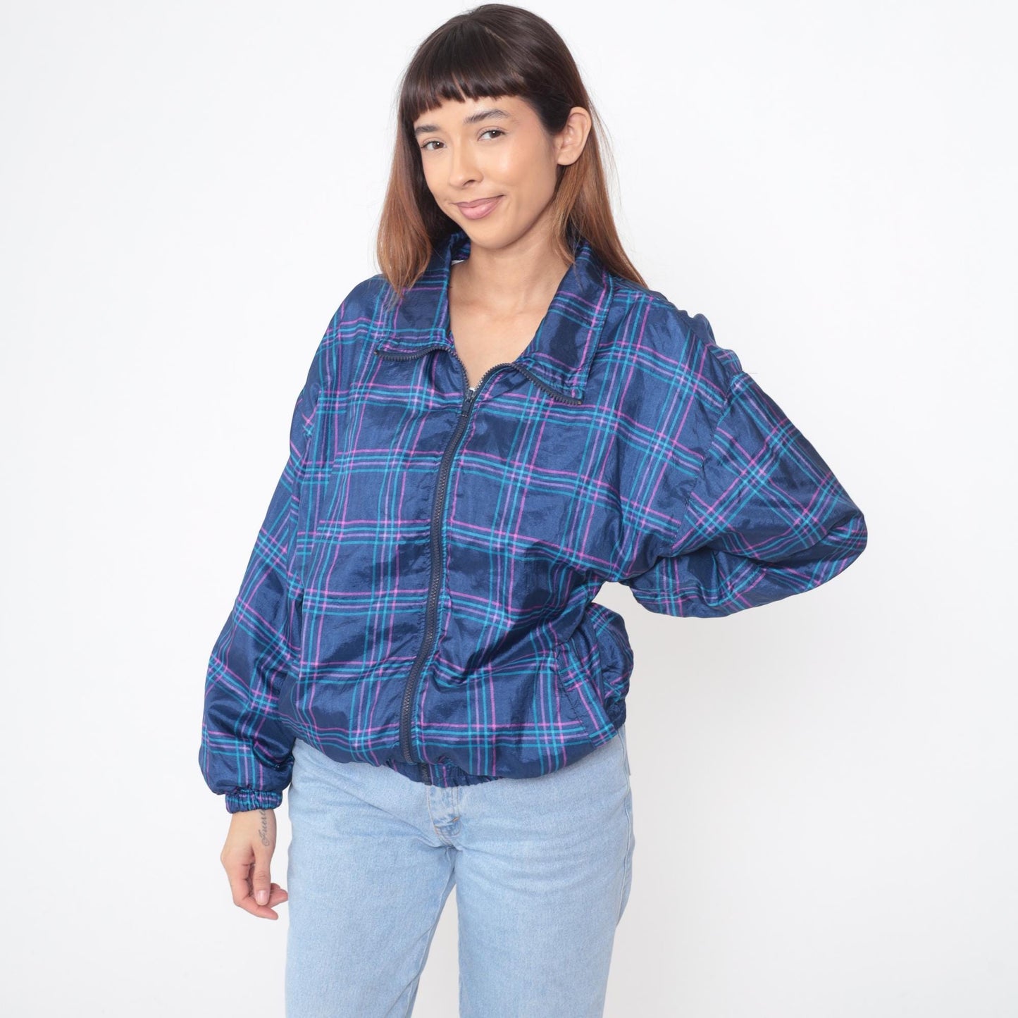 90s Pro Spirit Plaid Windbreaker Navy Blue Pink Turquoise Medium