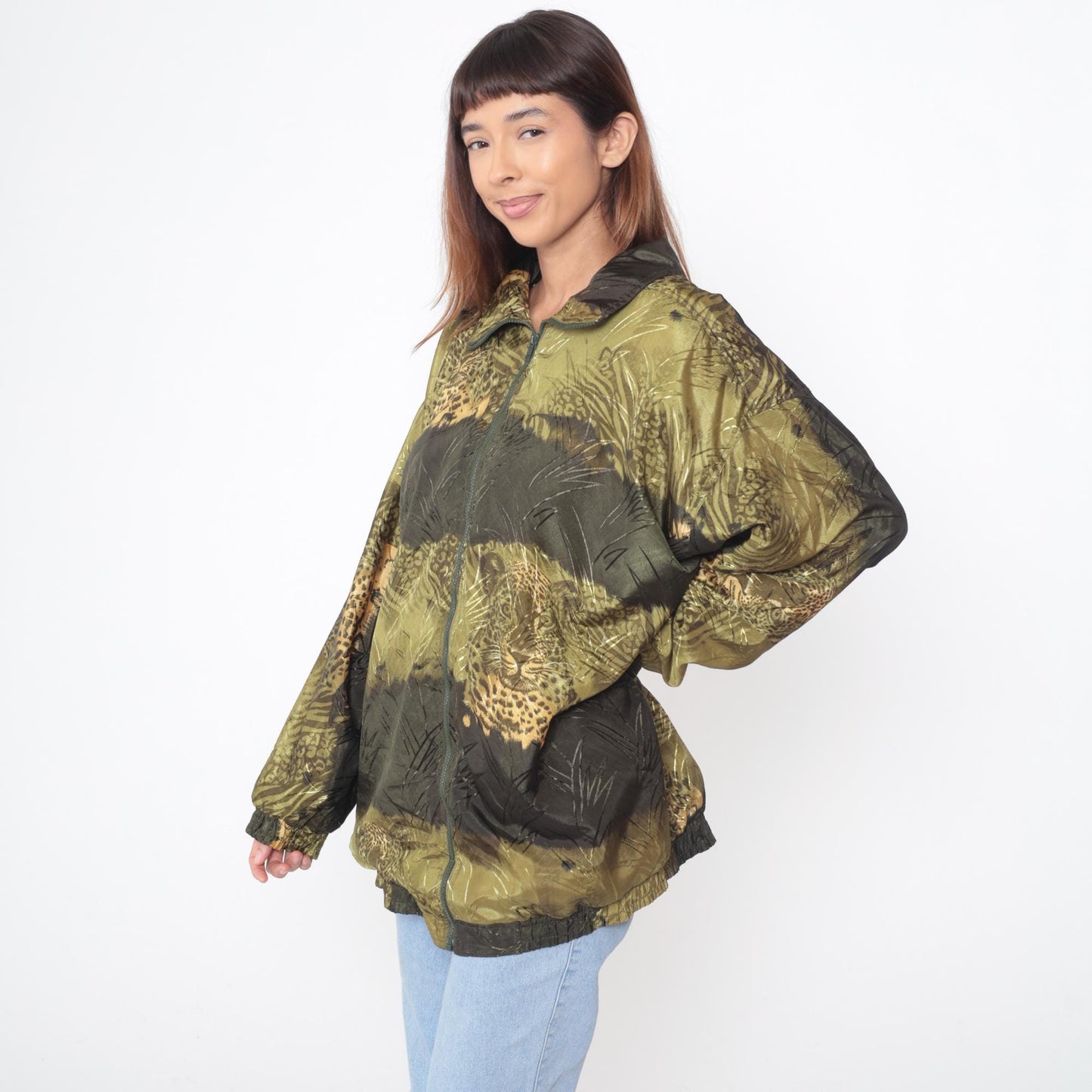 90s Leopard Print Windbreaker Jacket Jungle Safari Green Brown Tan Extra Large XL