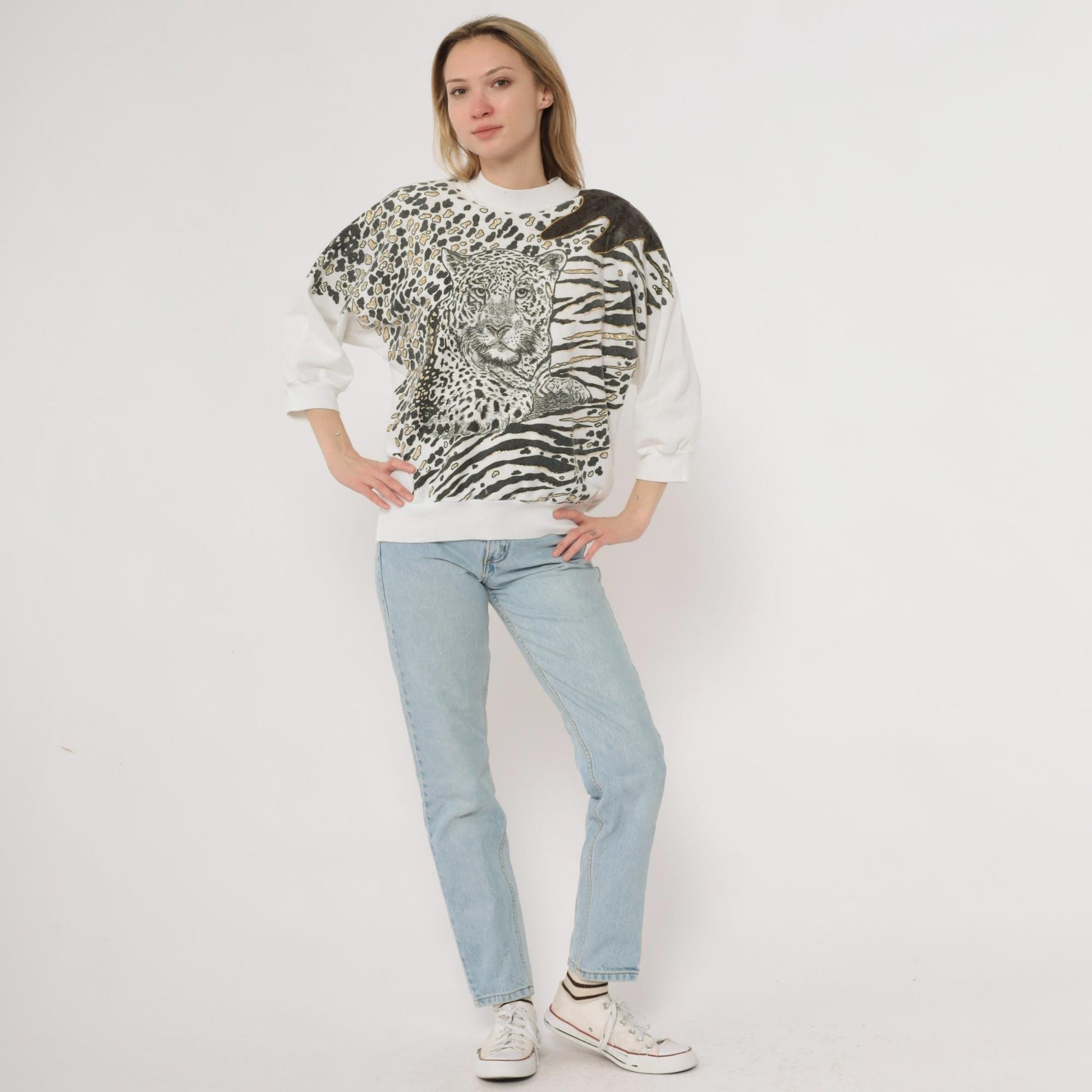 90s Leopard Animal Print Sweatshirt Gold Glitter Crewneck Cotton Large L
