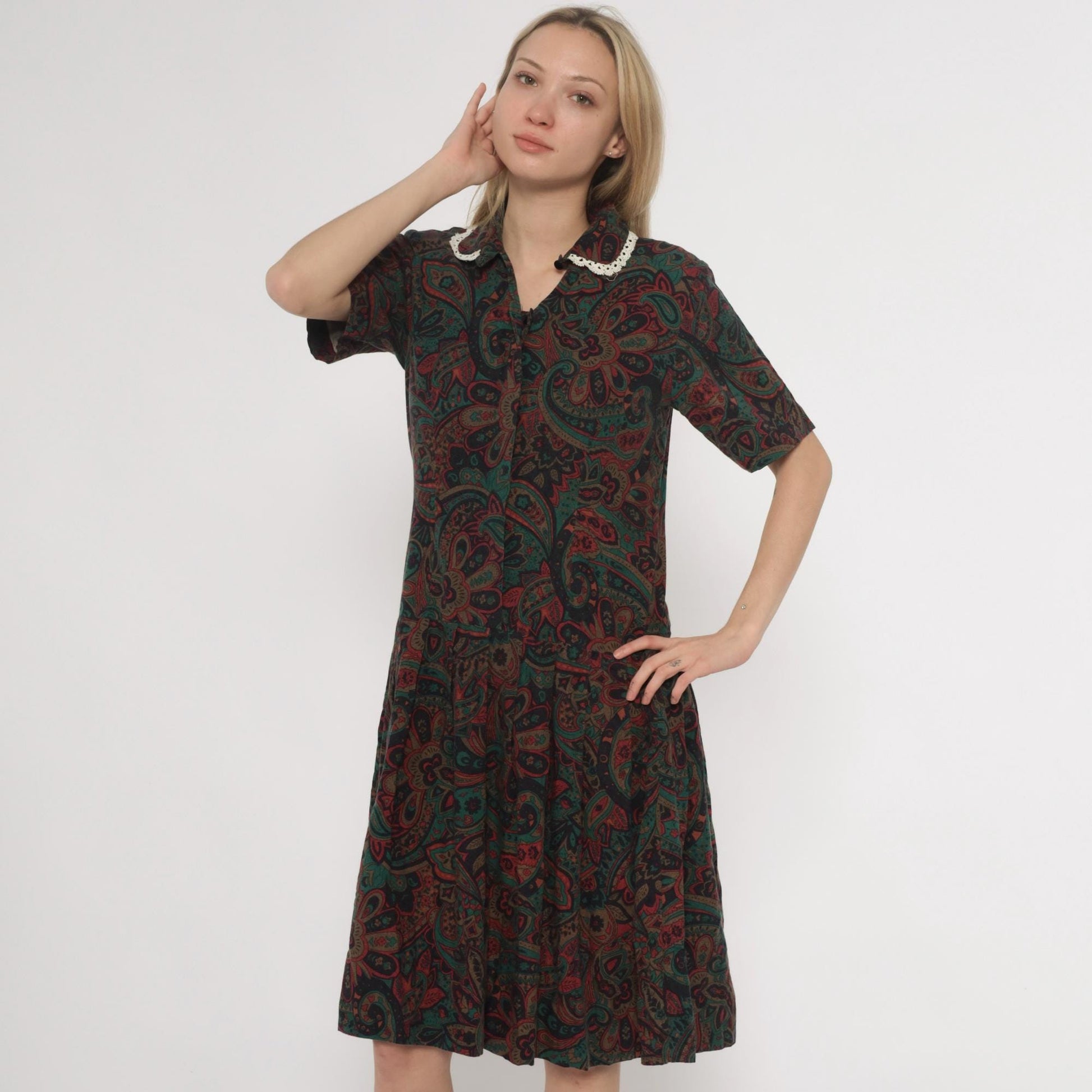 70s Paisley Dress Burgundy Green Brown Crochet Collar Knee Length Medium
