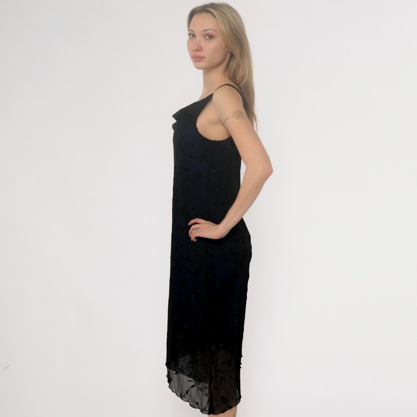 Y2K Black Slip Dress Sparkle Floral Cutout Back Strappy Large L
