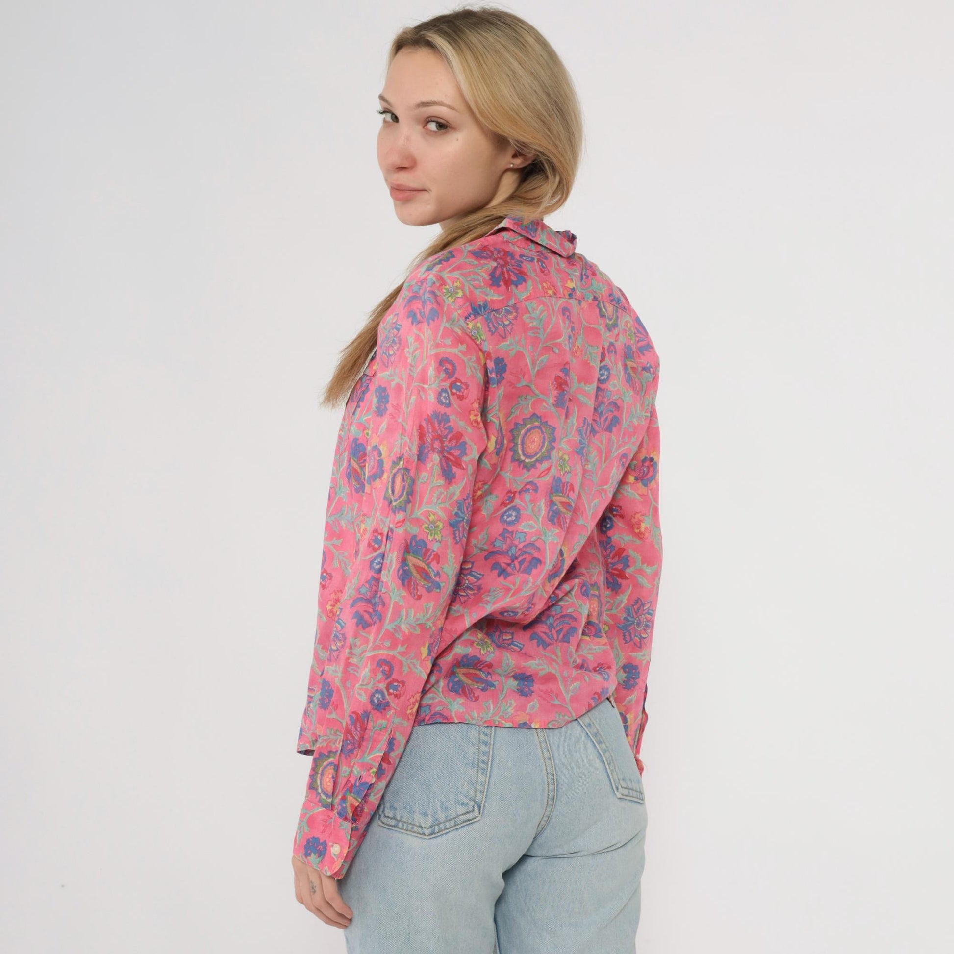 90s Ralph Lauren Floral Button-Up Shirt Pink Botanical Paisley Cotton Small S
