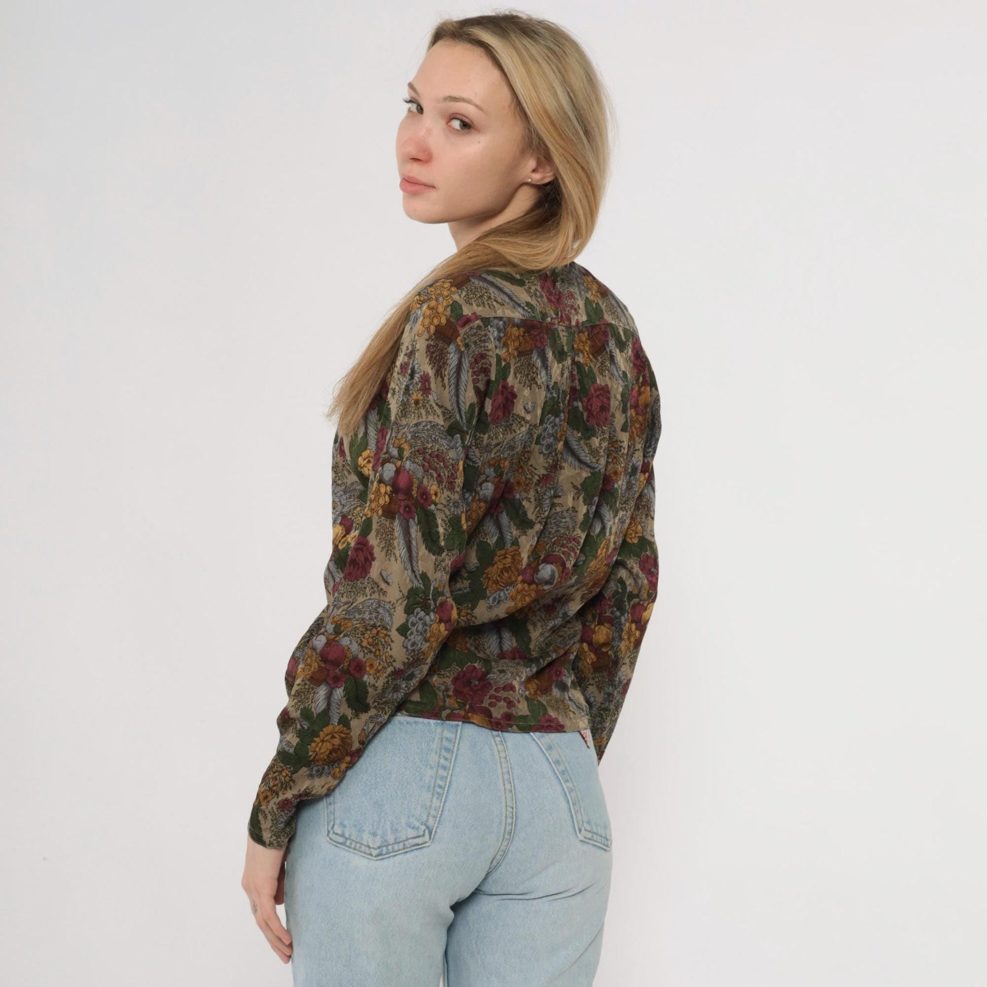80s Michii Moon Silk Blouse Botanical Grape Print Burgundy Olive Medium