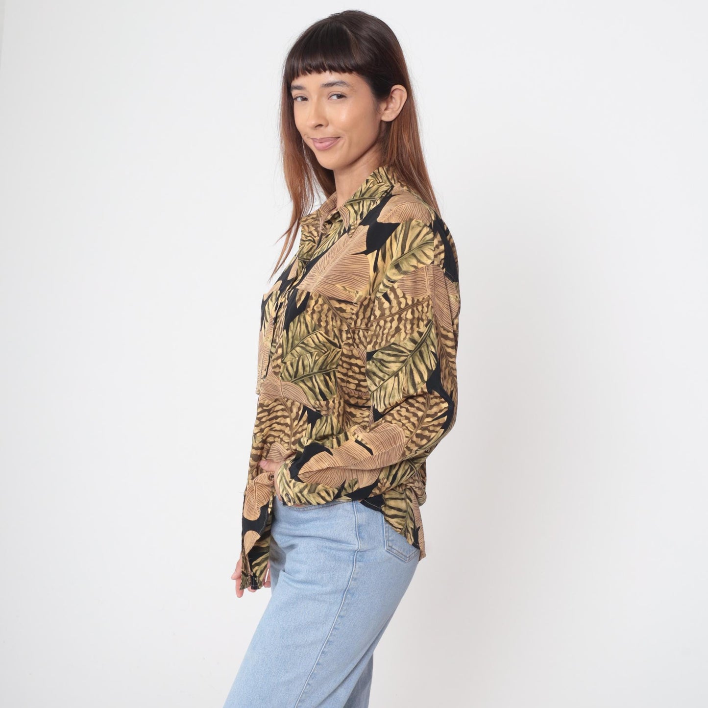 90s Liz Claiborne Silk Blouse Tropical Leaf Print Black Brown Gold Medium