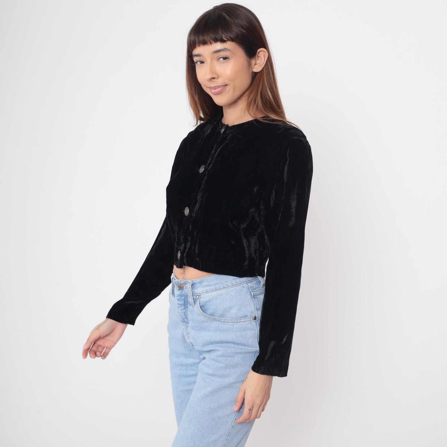90s Black Velvet Cropped Jacket Button Front Round Neck Small S