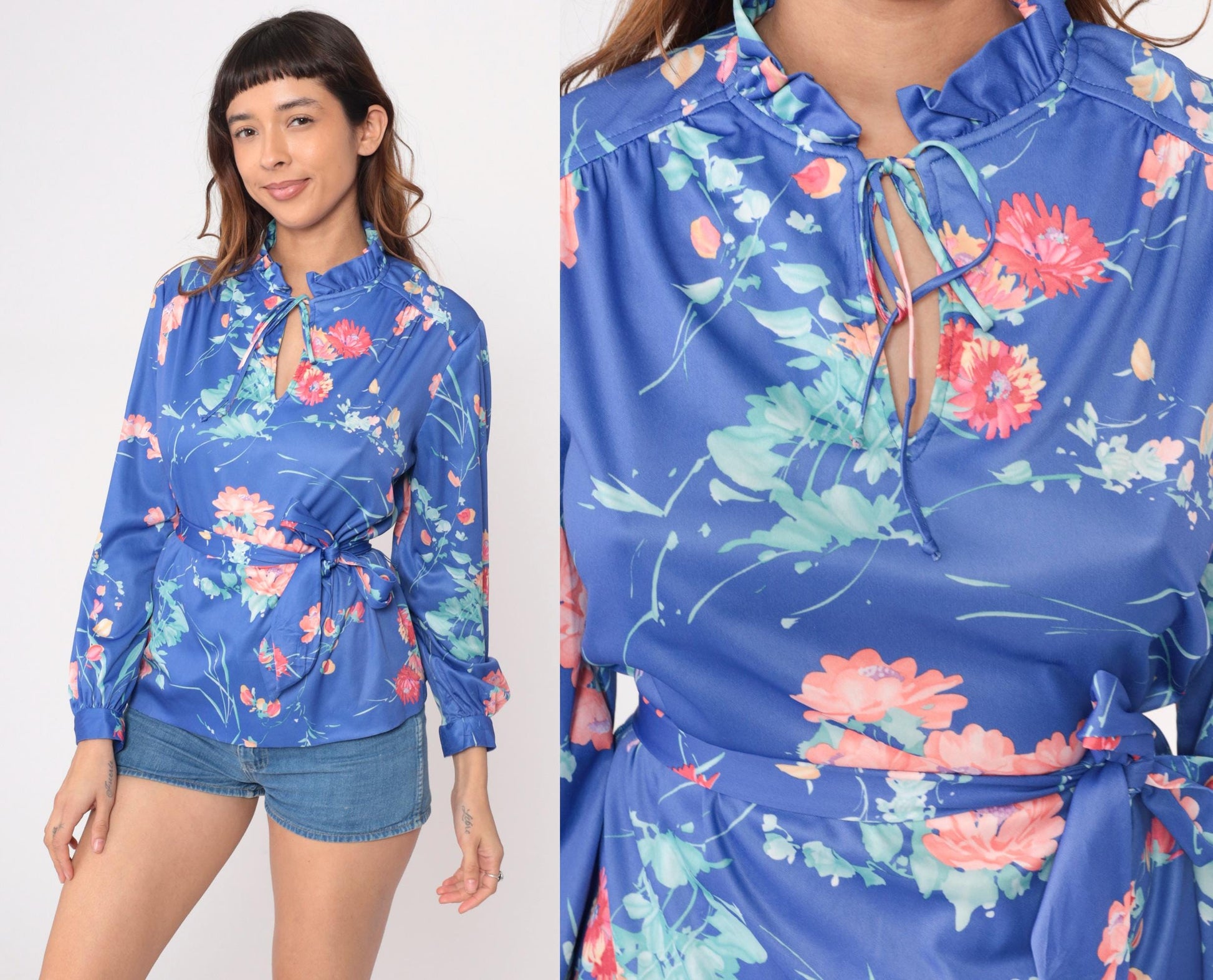70s Blue Floral Blouse Ruffle Neck Tie Closure Long Sleeve Belted Medium