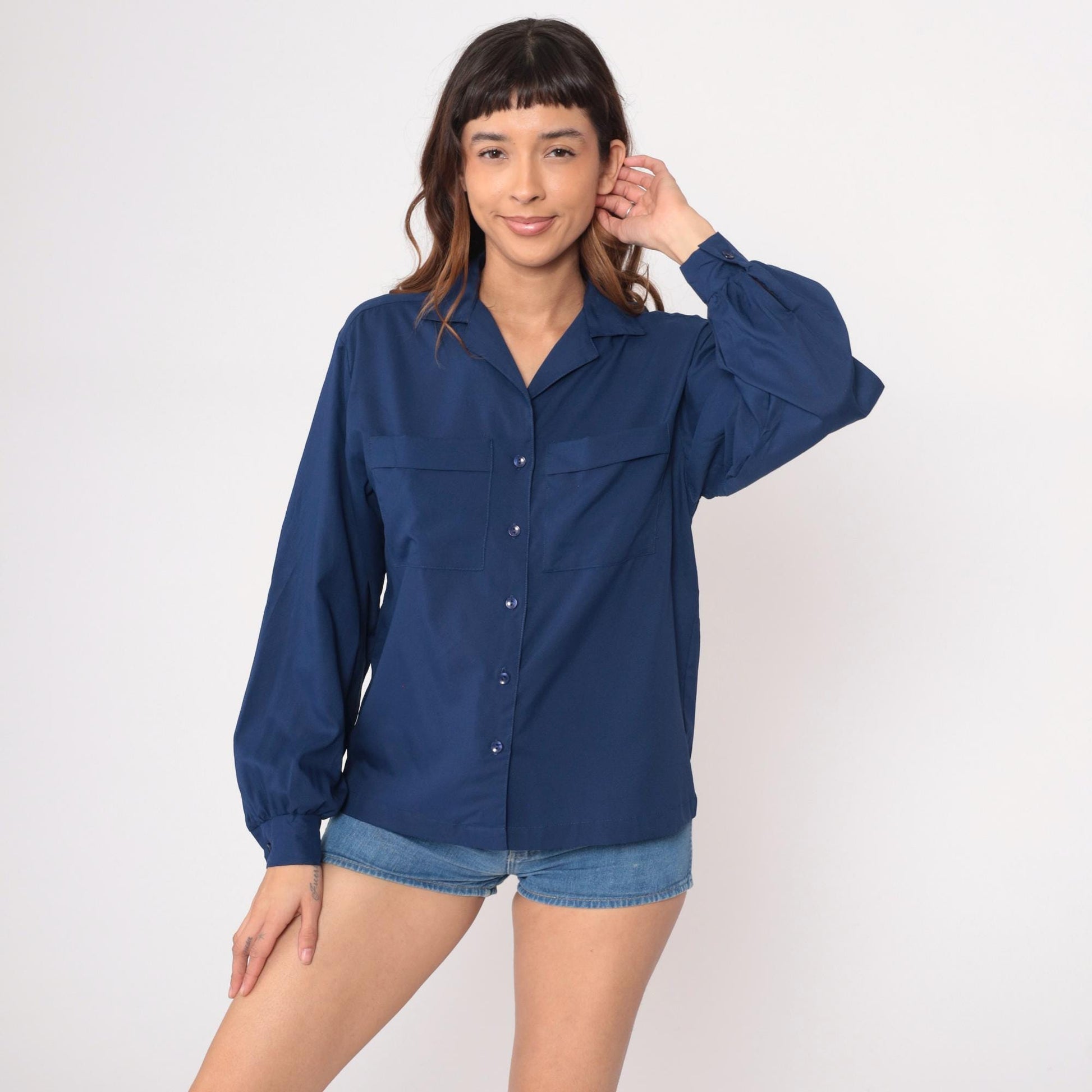 70s Judy Bond Navy Button-Up Shirt Notched Collar Long Sleeve Medium