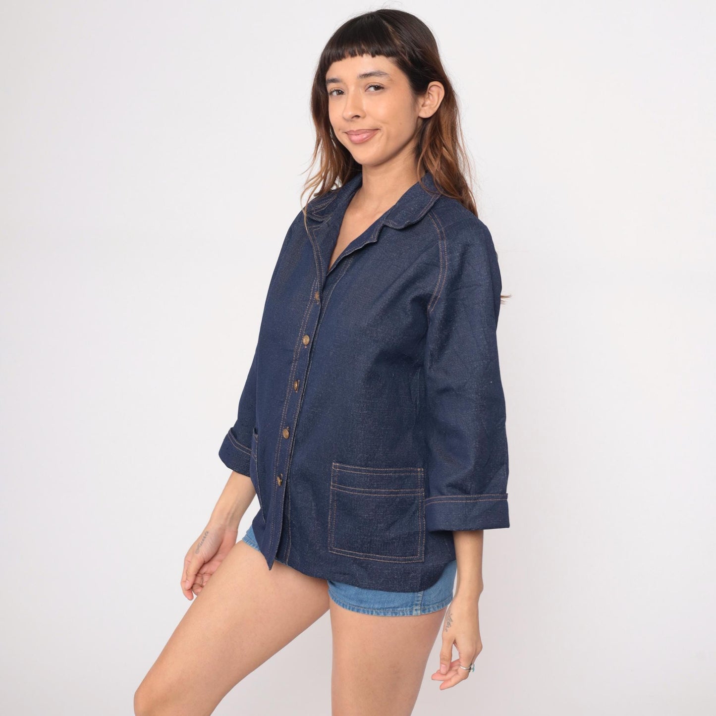 70s Graff Denim Blazer Dark Blue Wide Collar Gold Buttons Three Quarter Sleeve Medium