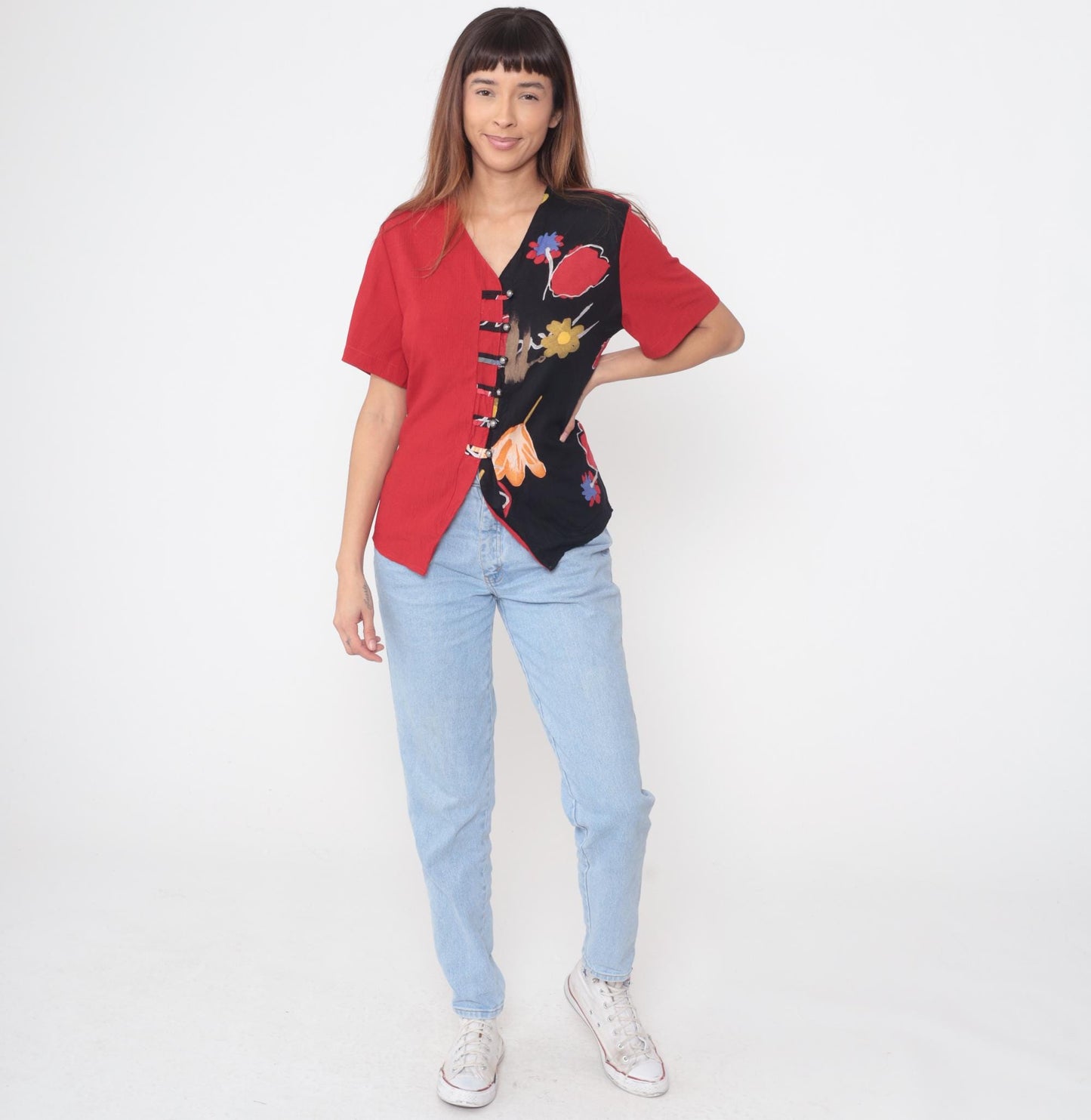 90s Cascais Floral Color Block Blouse Red Black Abstract Flowers V Neck Medium