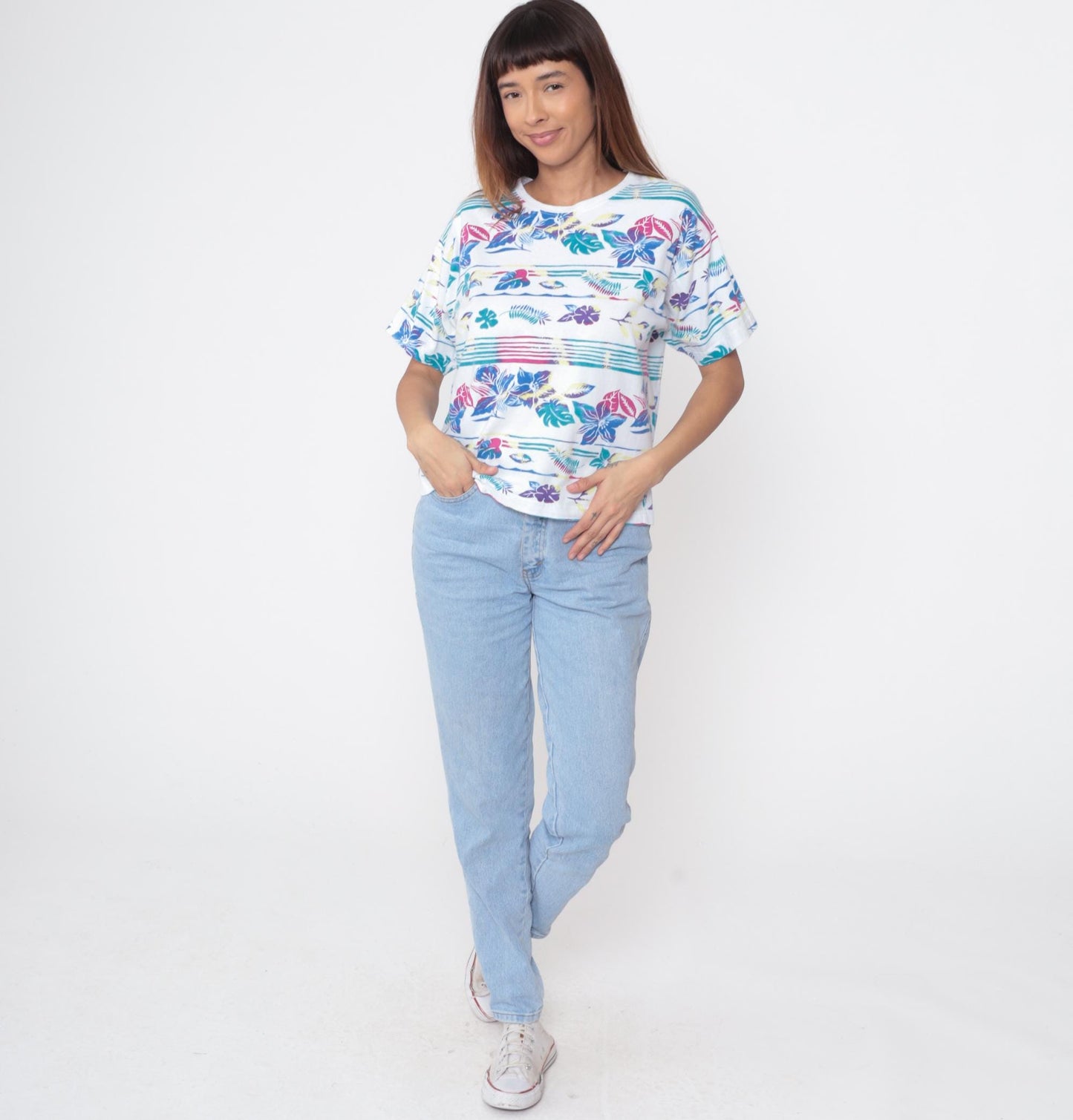90s Victoria Jones Tropical Floral Striped Cotton Tee White Medium M
