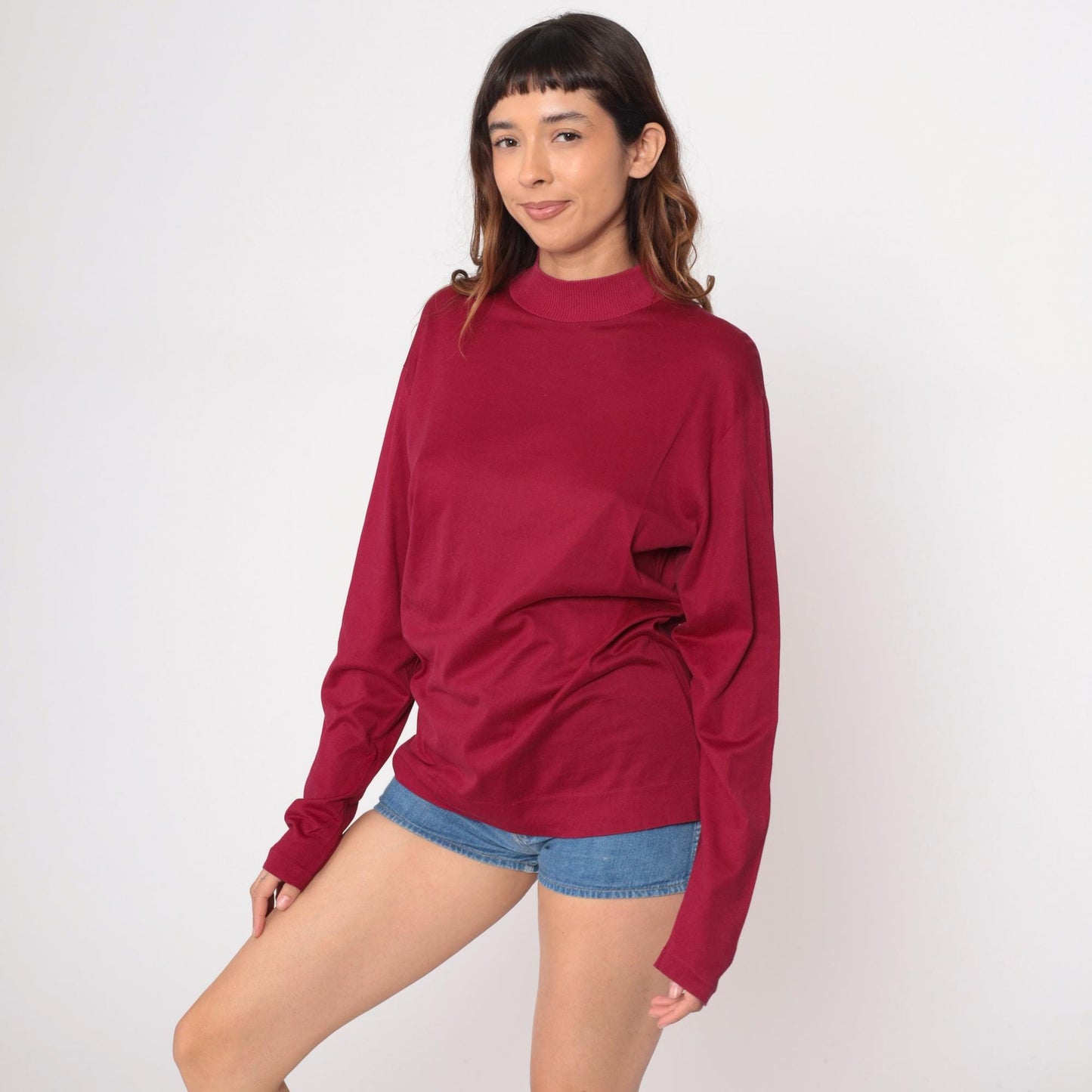 70s Burgundy Mock Neck Pullover Long Sleeve Knit Top Large L