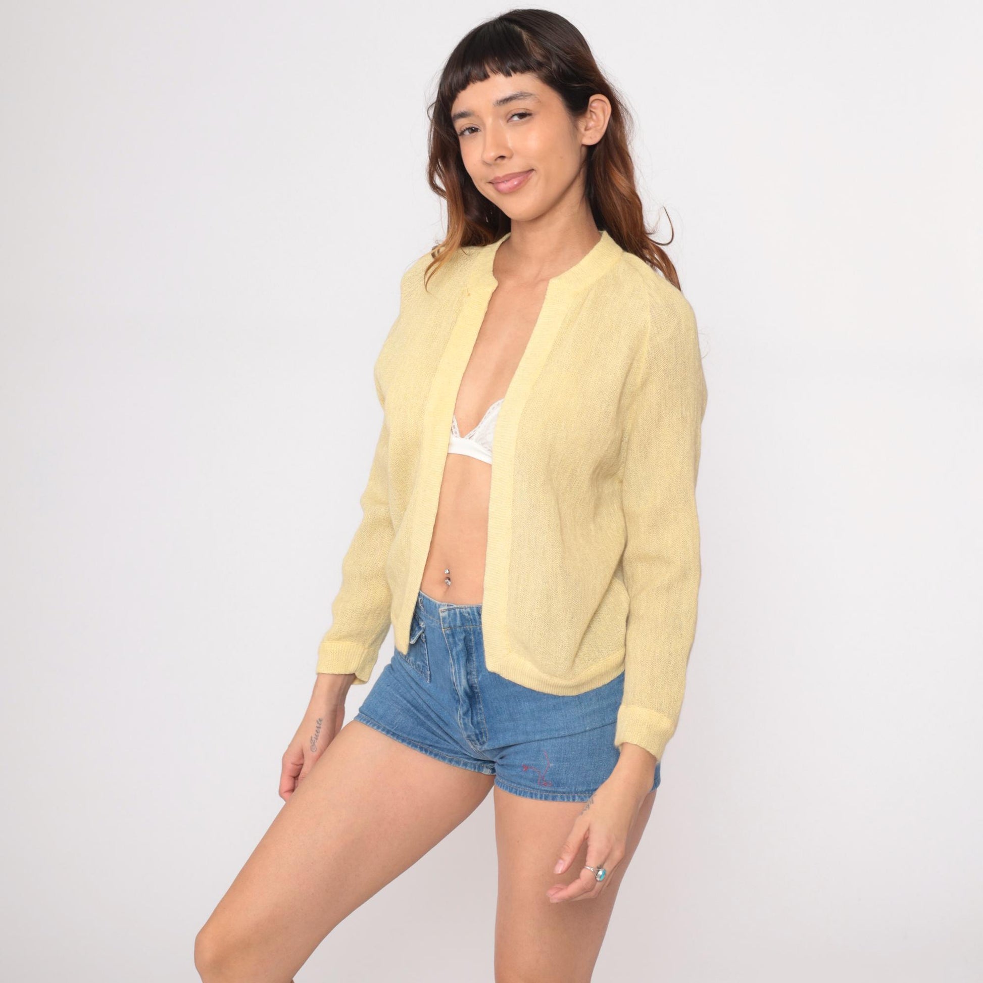 70s Wool Cardigan Pale Yellow Ribbed Knit Open Front Small S