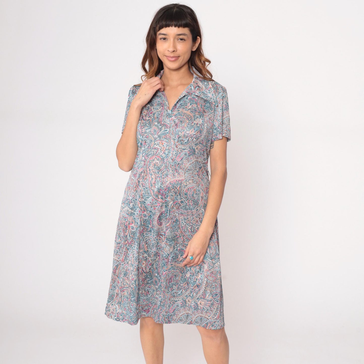 70s Paisley Zipper Front Dress Collared A-Line Blue Pink Cream Large L