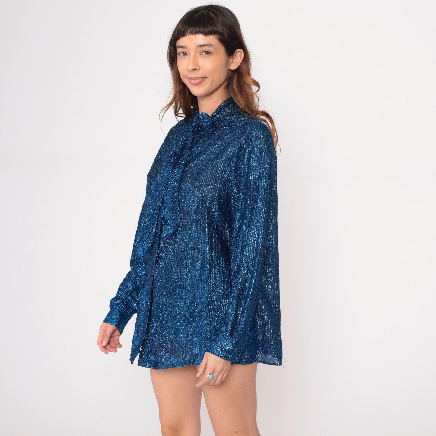 70s Metallic Blue Disco Shirt Long Sleeve Button Front Large L