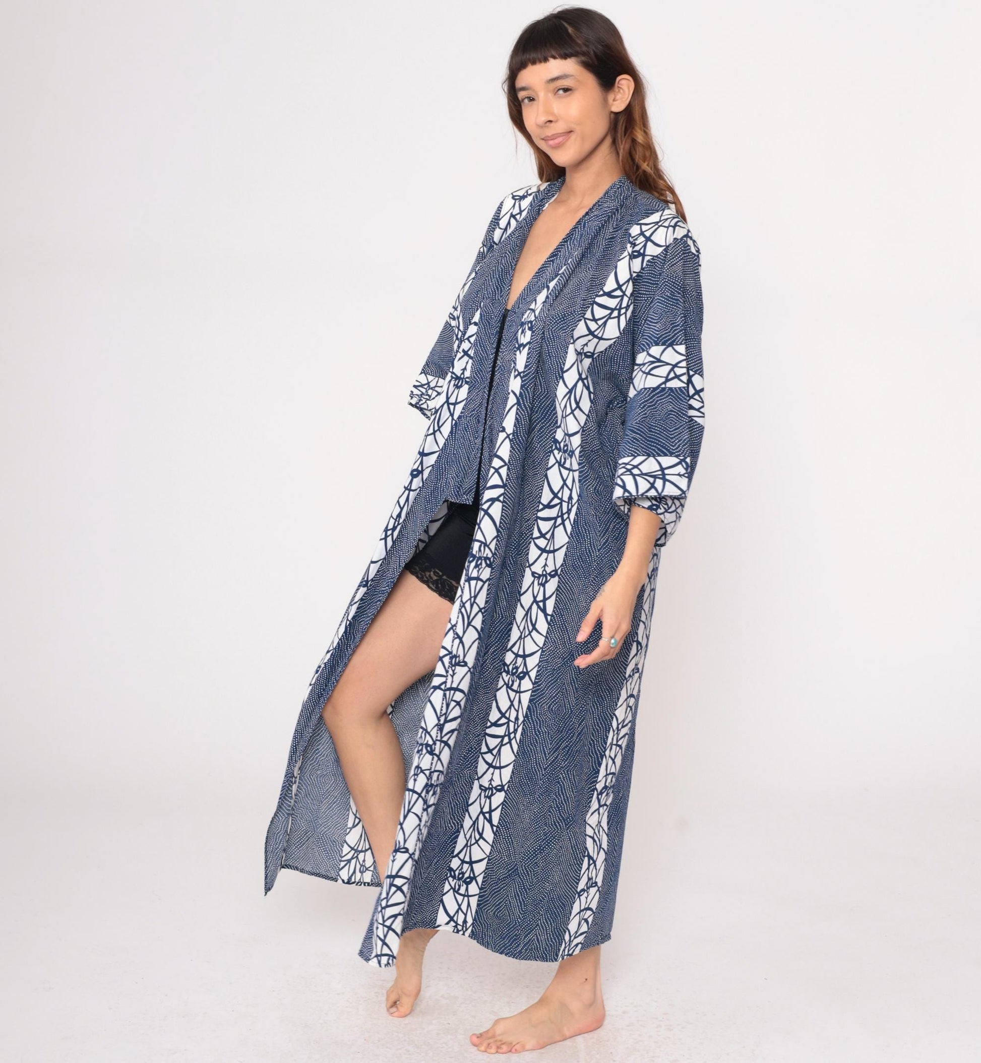 70s Navy Blue White Geometric Kimono Robe Maxi Cotton Wrap Large L