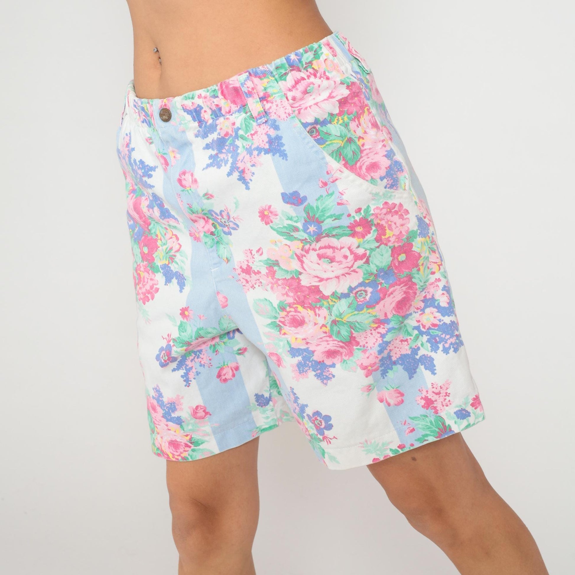 90s Vivaldi Floral Shorts High Waisted Pink Blue Cotton Pockets Medium