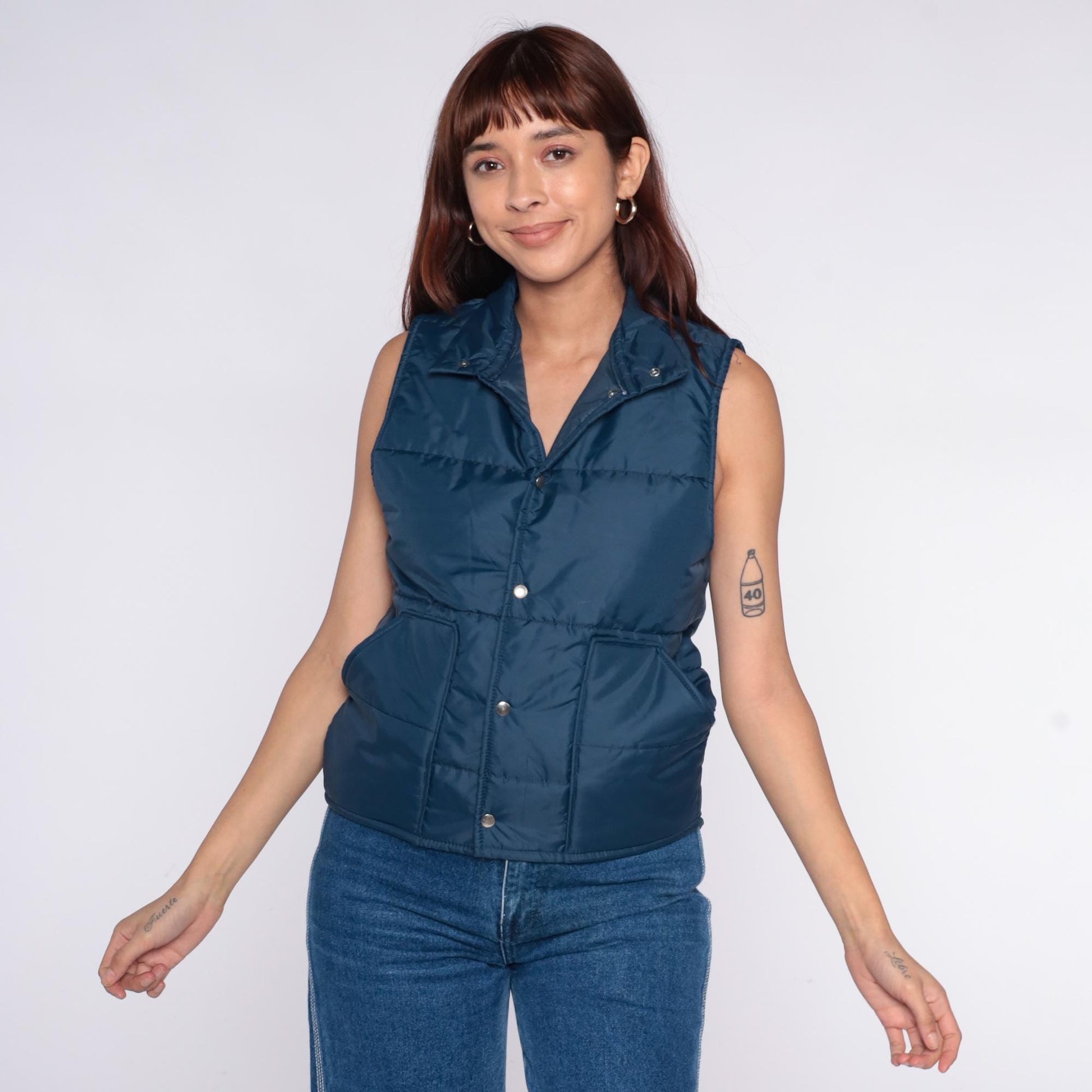 70s Pla-Jac Quilted Ski Vest Teal Snap Collar Sleeveless Medium