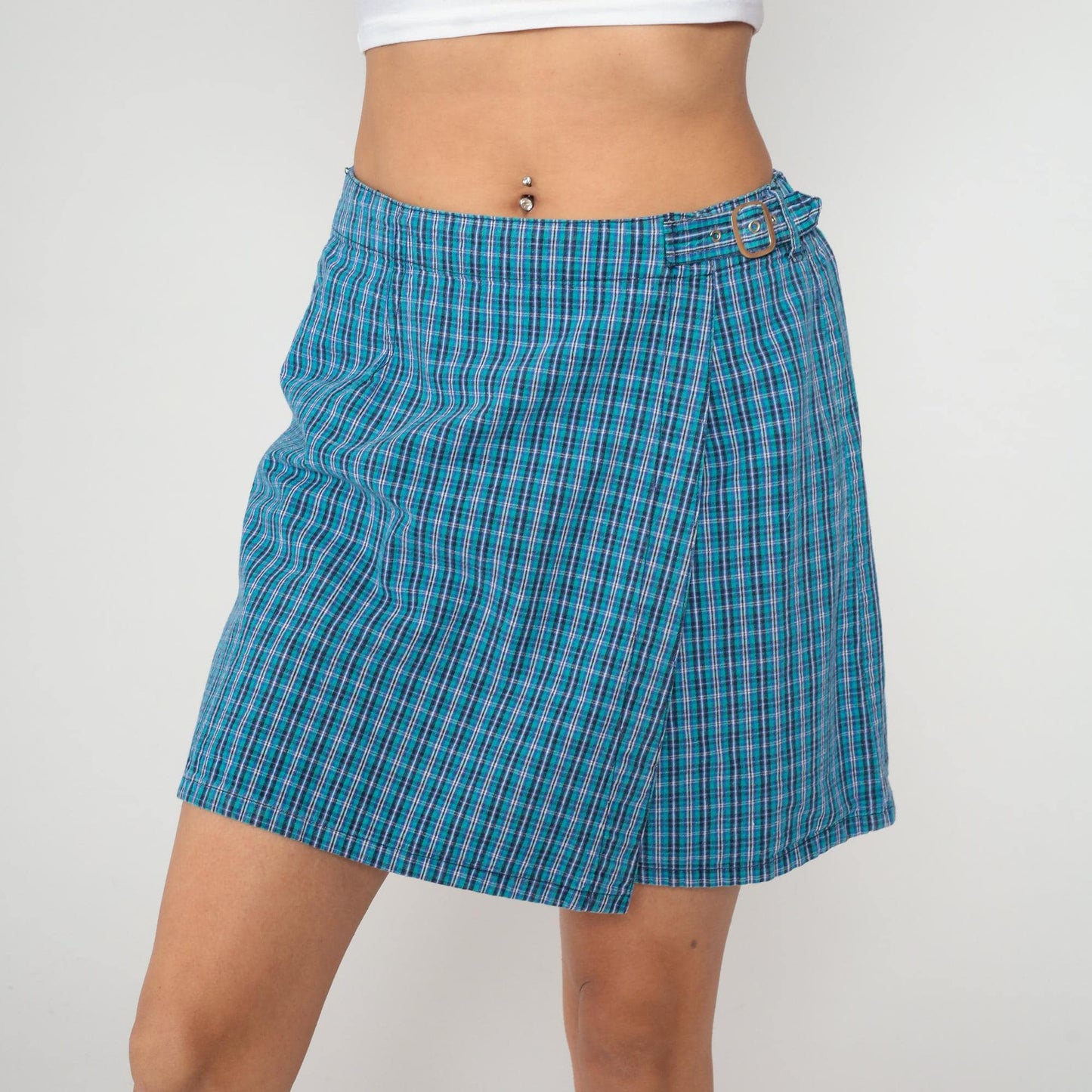 Y2K White Stag Blue Plaid Skort High Waisted Cotton Mini Medium