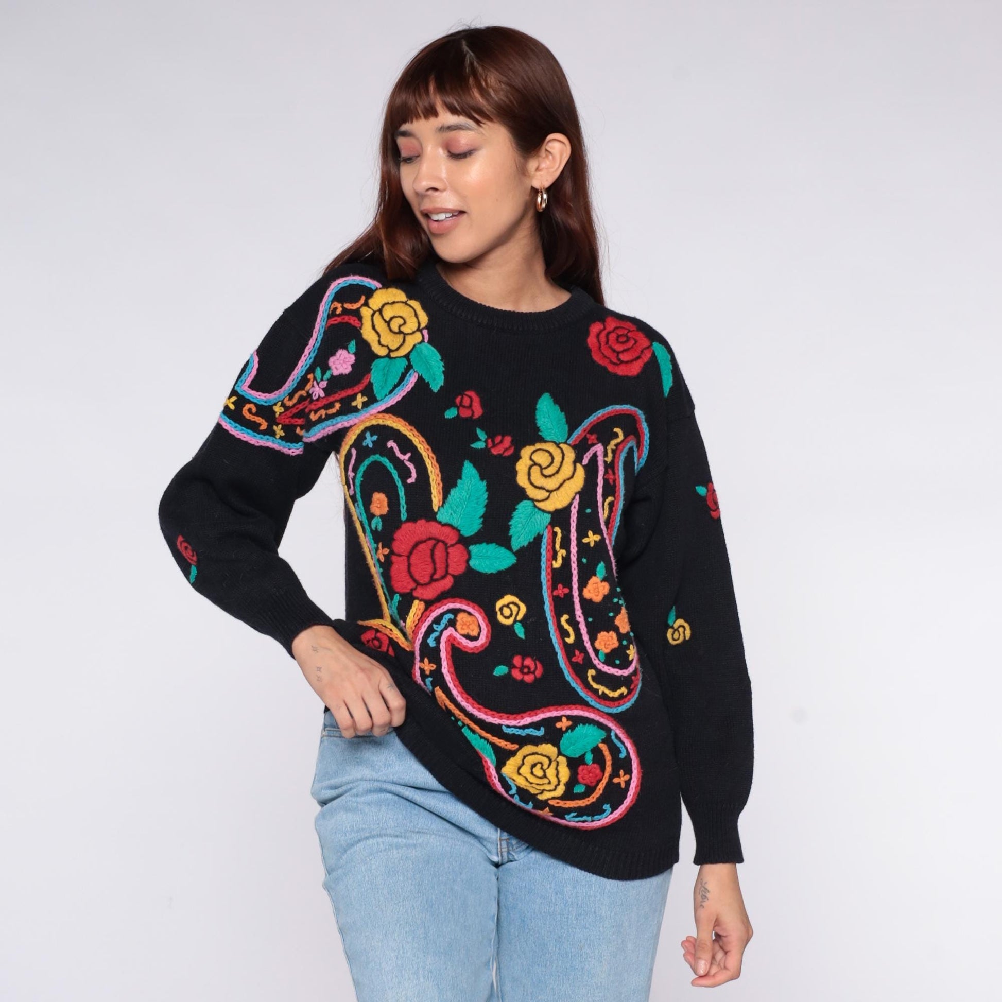 90s Western Connection Black Embroidered Paisley Sweater Snakes Roses Small
