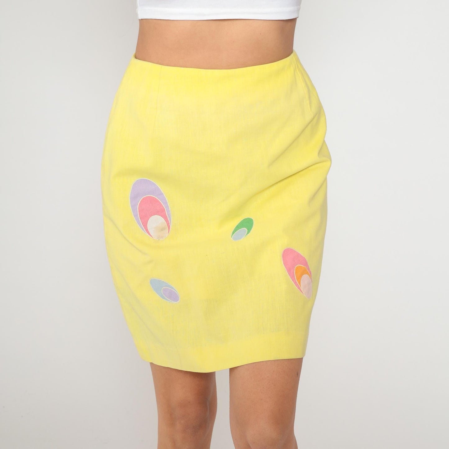 70s Yellow Mini Skirt Abstract Oval Pattern A-Line Cotton Small S