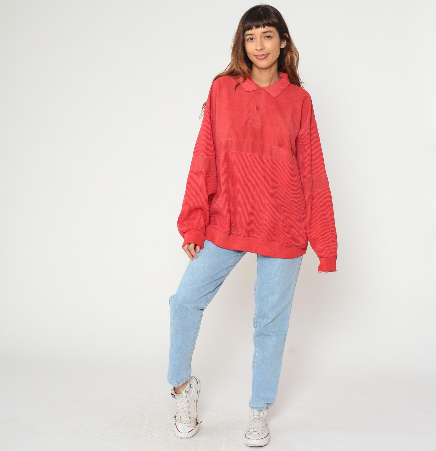 90s Knightsbridge Red Polo Sweatshirt Ribbed Knit XXL