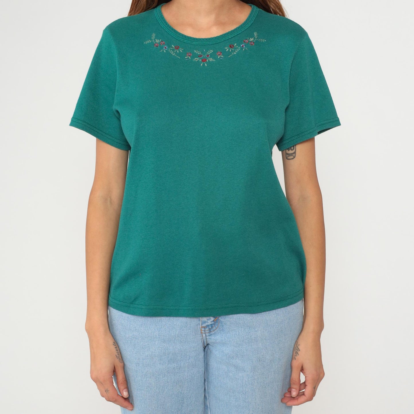 90s Teal Embroidered Floral T-Shirt Cotton Crew Neck Short Sleeve Large L