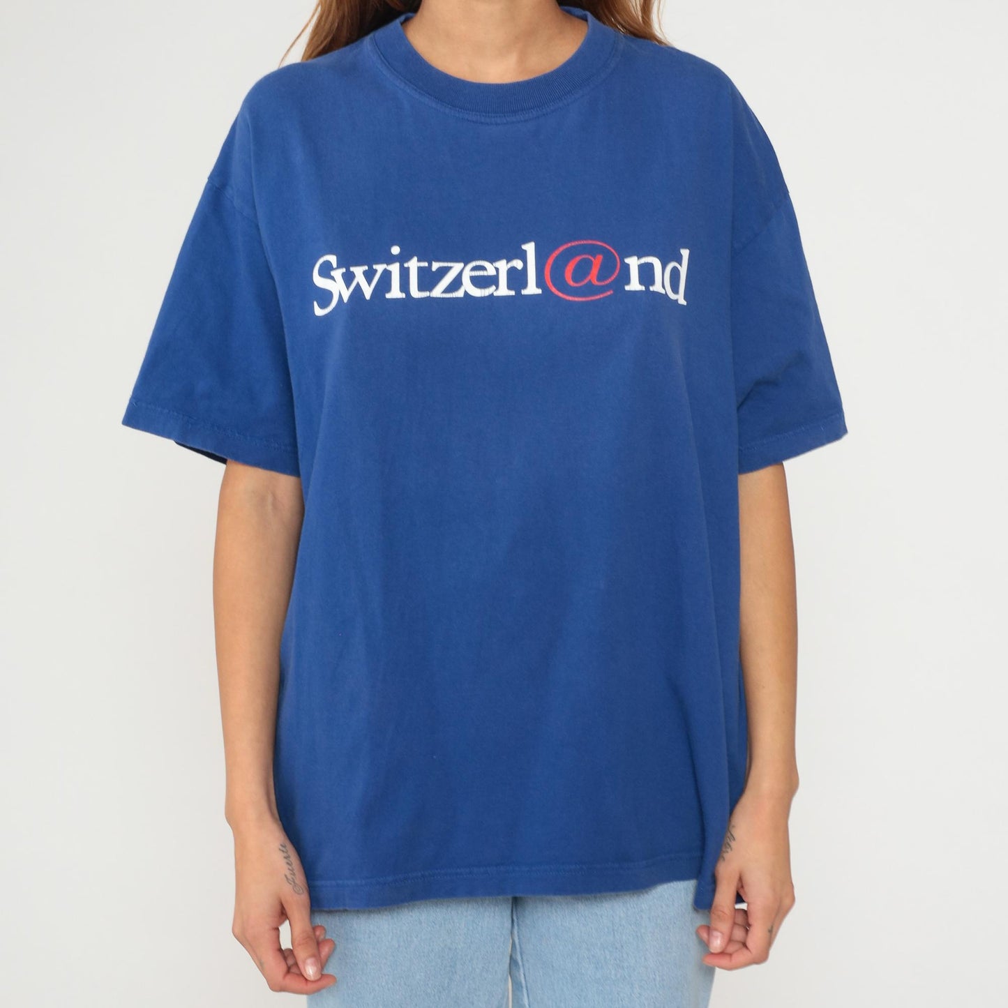 Y2K Switzerland Graphic Cotton T-Shirt Blue Crewneck Medium M