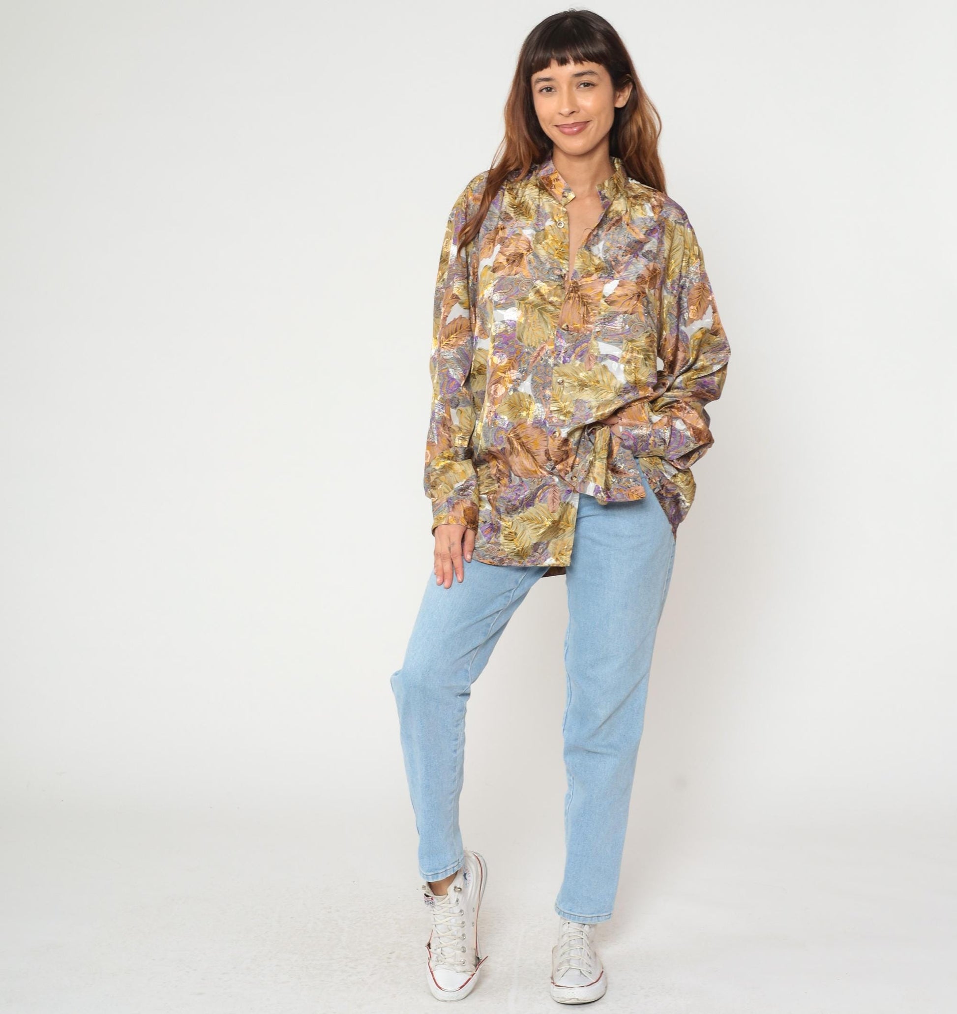 80s Leaf Paisley Button Blouse Purple Gold Brown Cream Extra Large XL