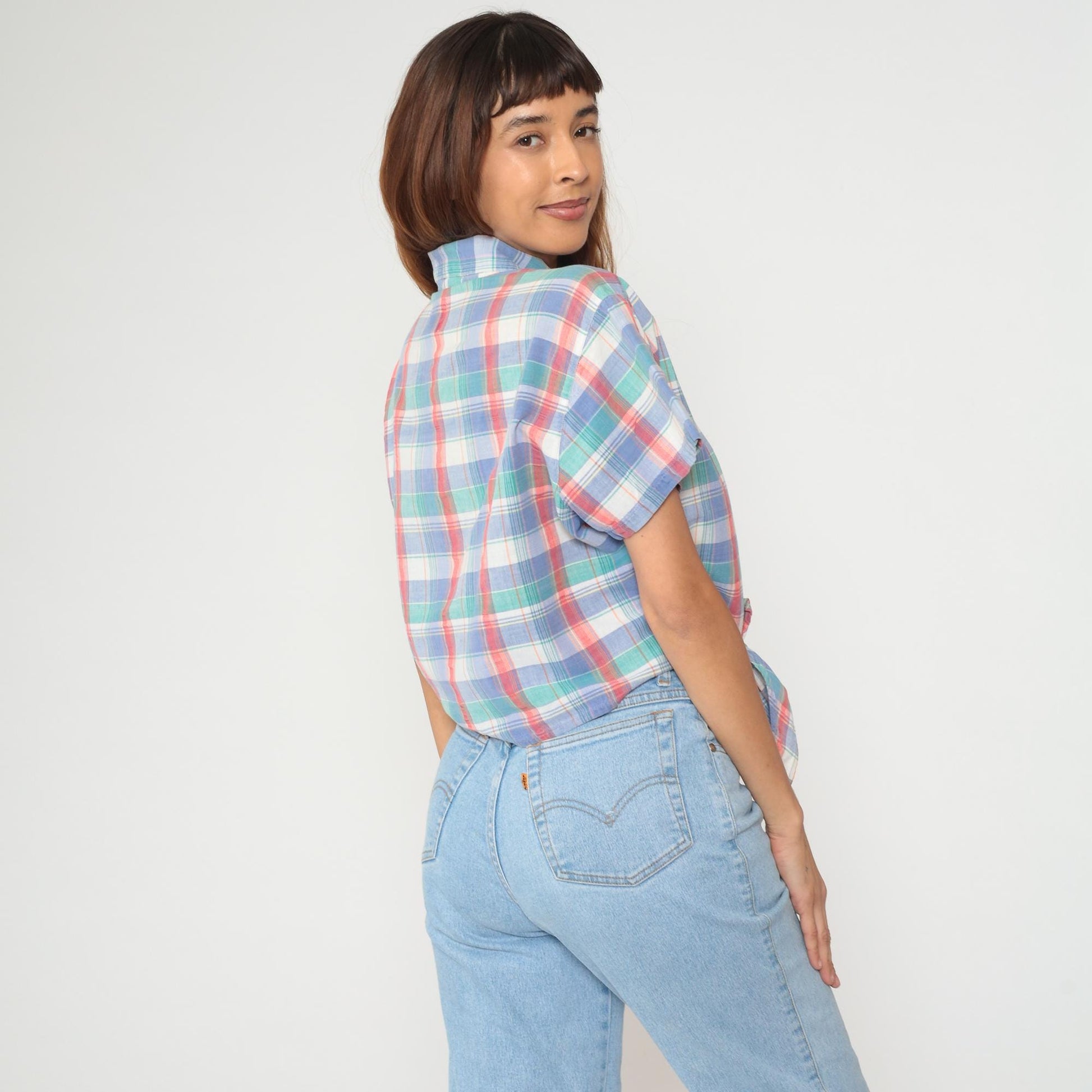 90s Sorrel Plaid Cropped Shirt Cotton Blue Green Pink White Checkered Large