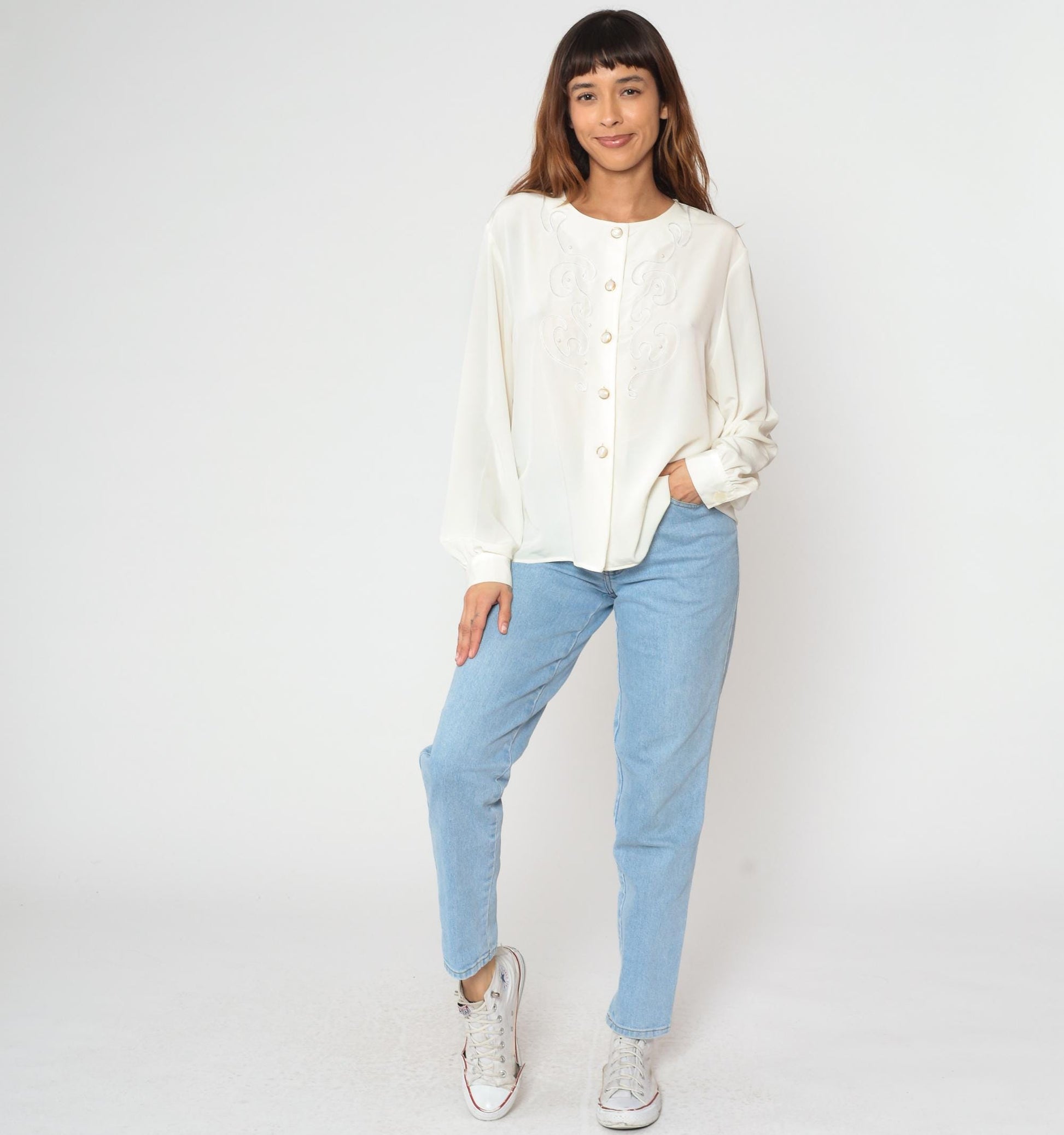 90s Worthington Cream Embroidered Blouse Long Sleeve Button Front Large L