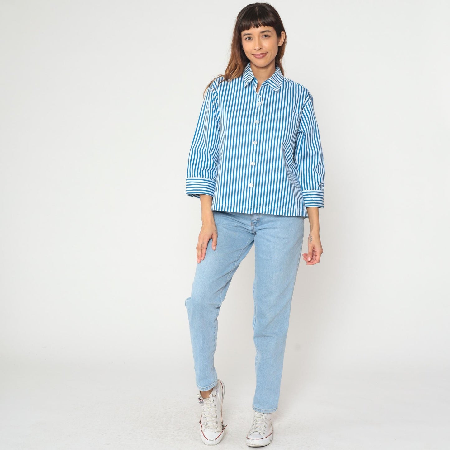 Y2K Norm Thompson Blue White Striped Cotton Blouse Cropped Large L