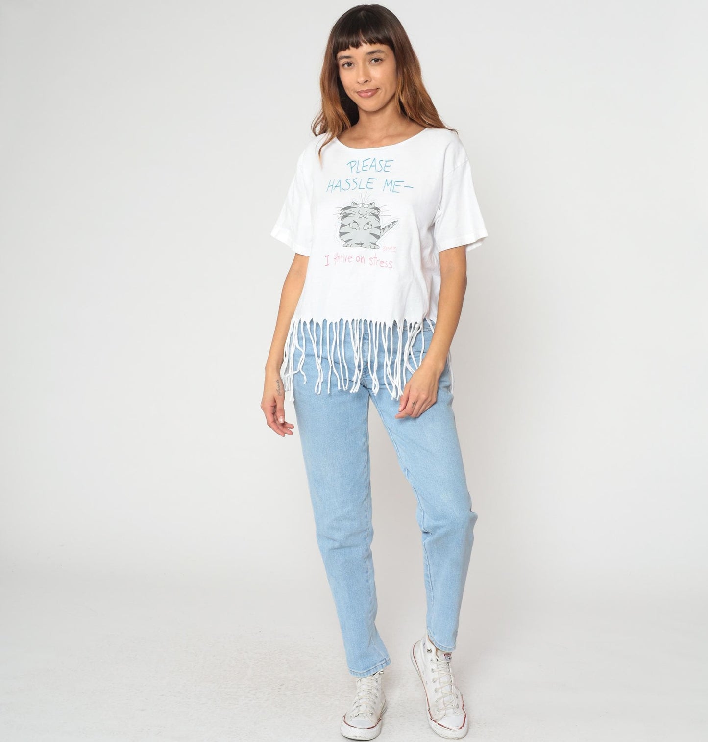 90s Cat Graphic T-Shirt White Fringe Hem Stress Slogan Tee Small