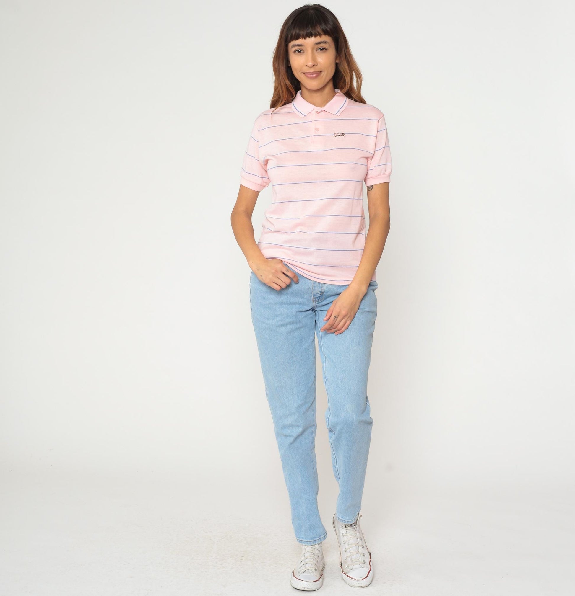 80s Le Tigre Polo Shirt Pink Blue Stripe Cotton Short Sleeve Small S