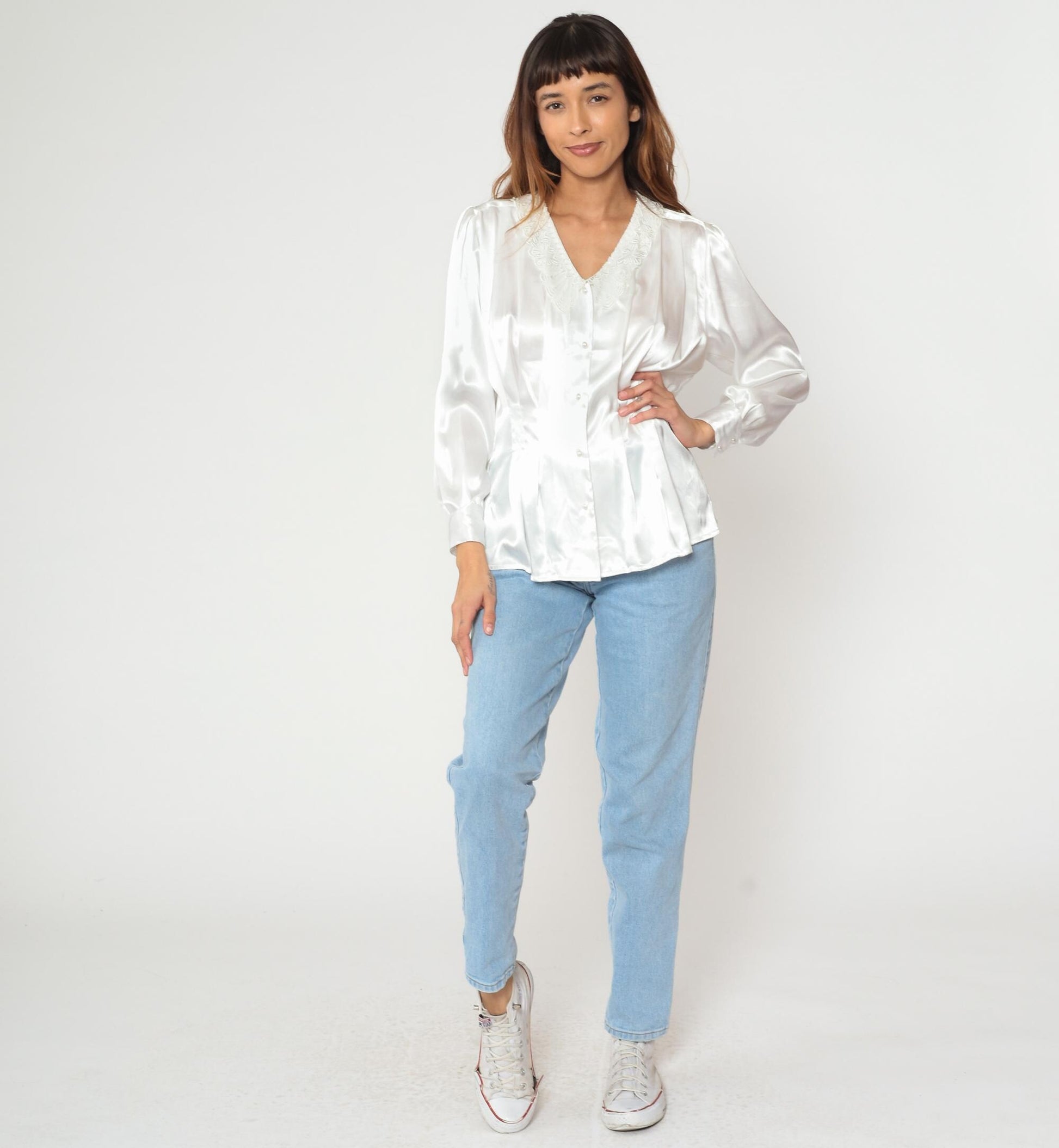 90s White Satin Blouse Lace Collar Puff Shoulders Pearl Buttons Small