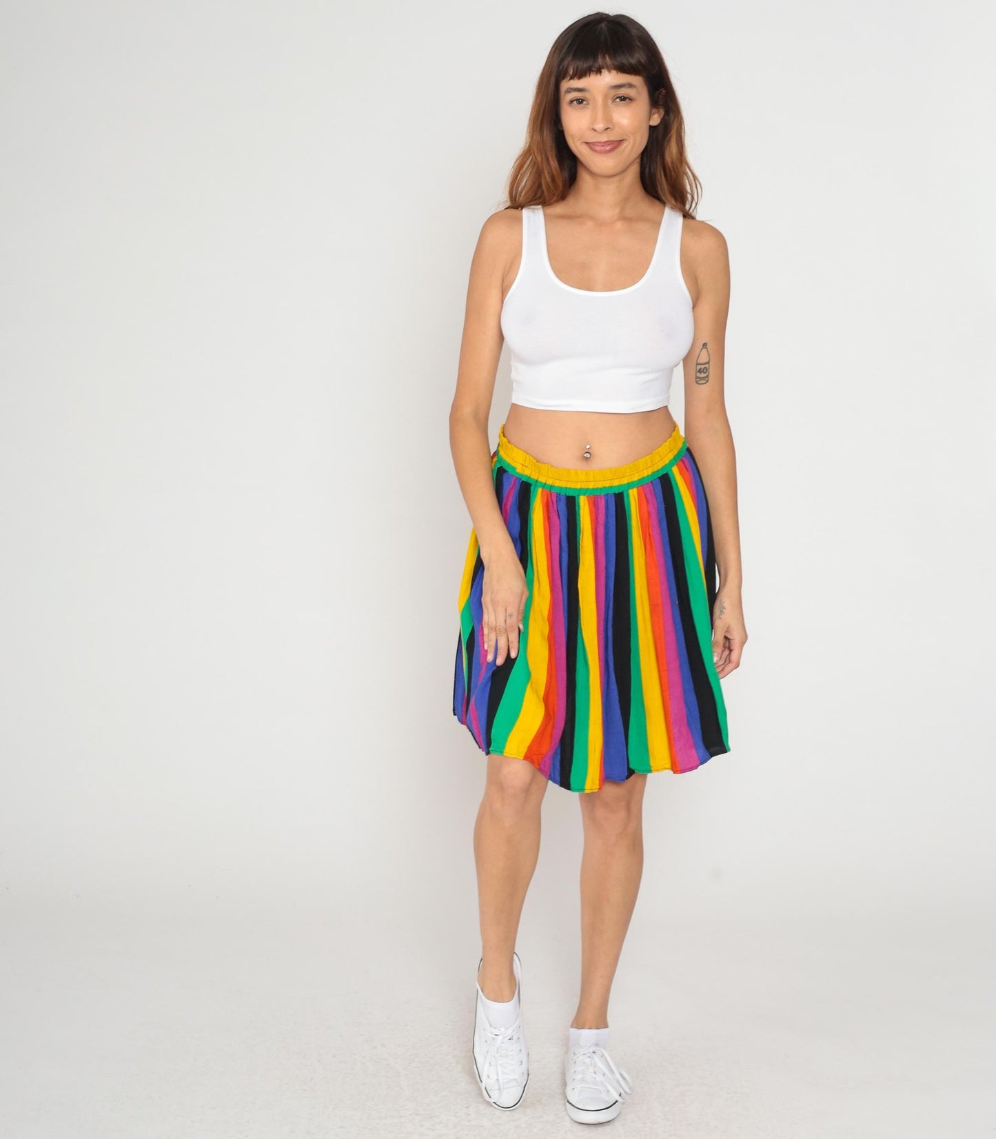 80s Rainbow Stripe Mini Skirt High Waisted Pleated Yellow Green Blue Red Medium M
