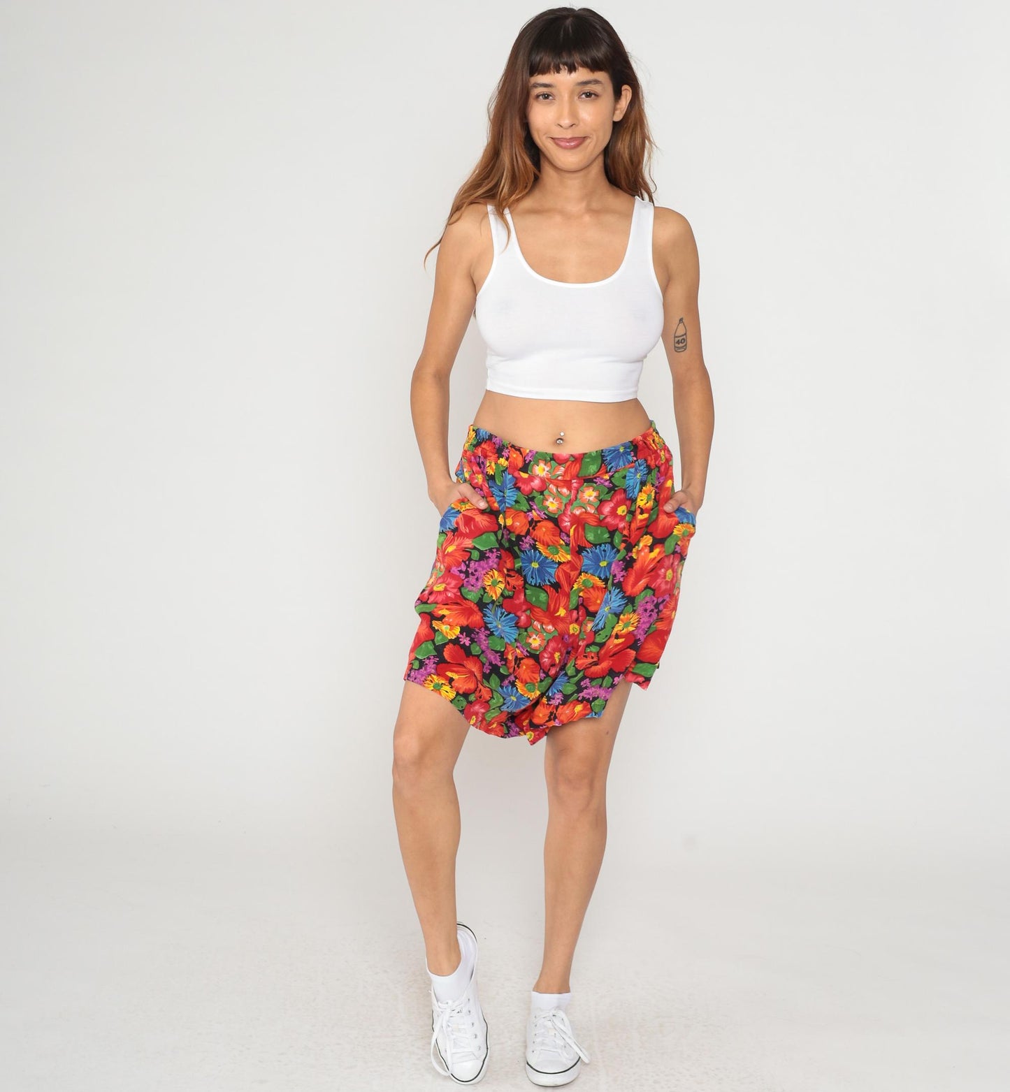 90s Tropical Floral Shorts Plus Size Hibiscus Print Black Rayon XXL