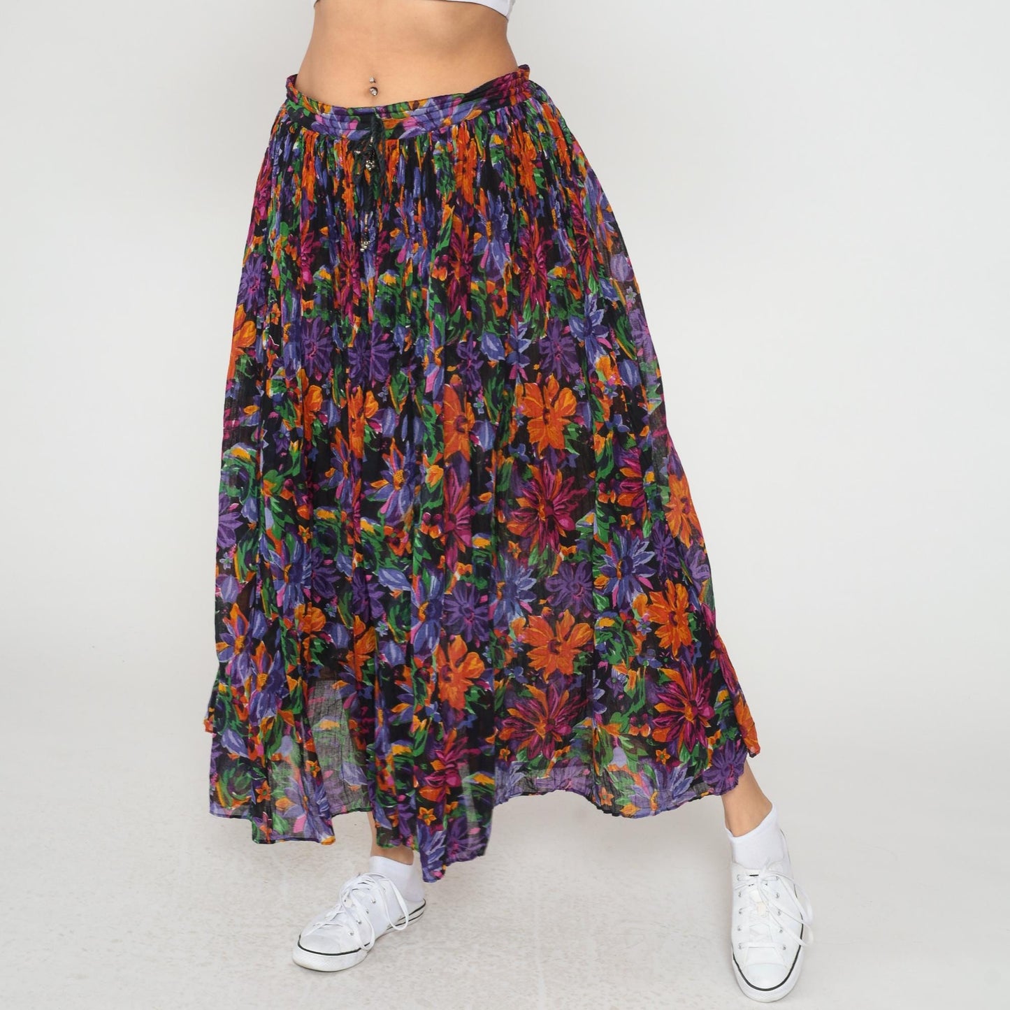 90s Short Circuit Floral Maxi Skirt Gauze Tiered Elastic Waist Medium Large