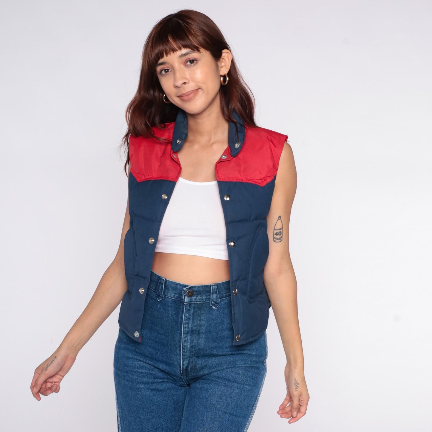 80s Brandon Colorado Navy Red Quilted Down Vest Western Yoke Extra Small XS