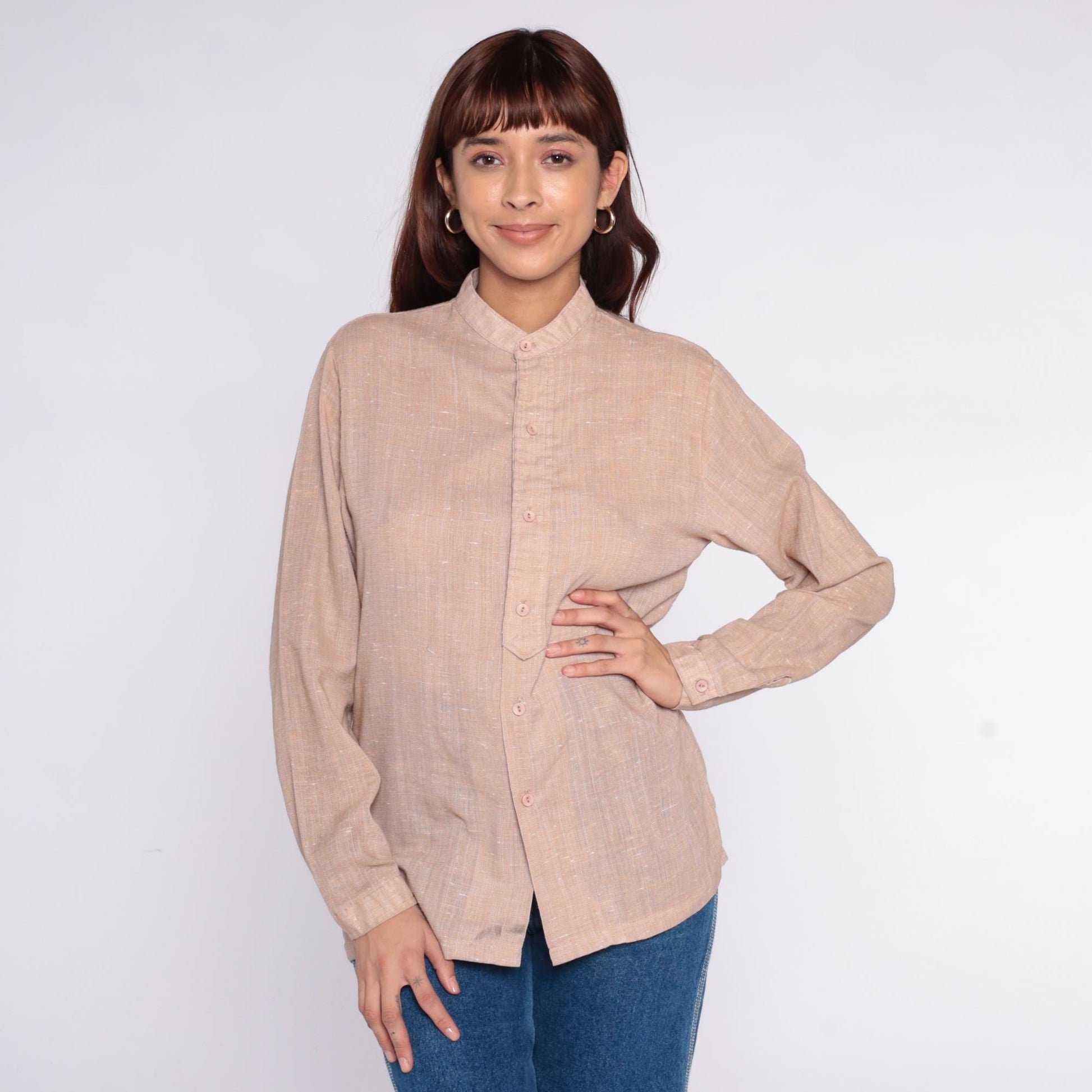 70s Mar Vista Cream Button-Up Blouse Band Collar Long Sleeve Medium